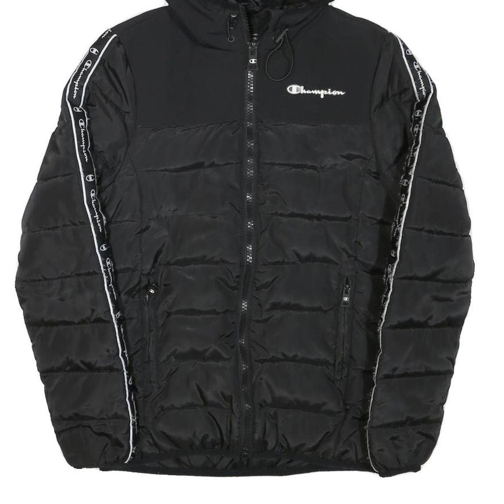 CHAMPION Mens Black Zip Jacket XS Polyester Blend Puffer Logo Tape Hooded