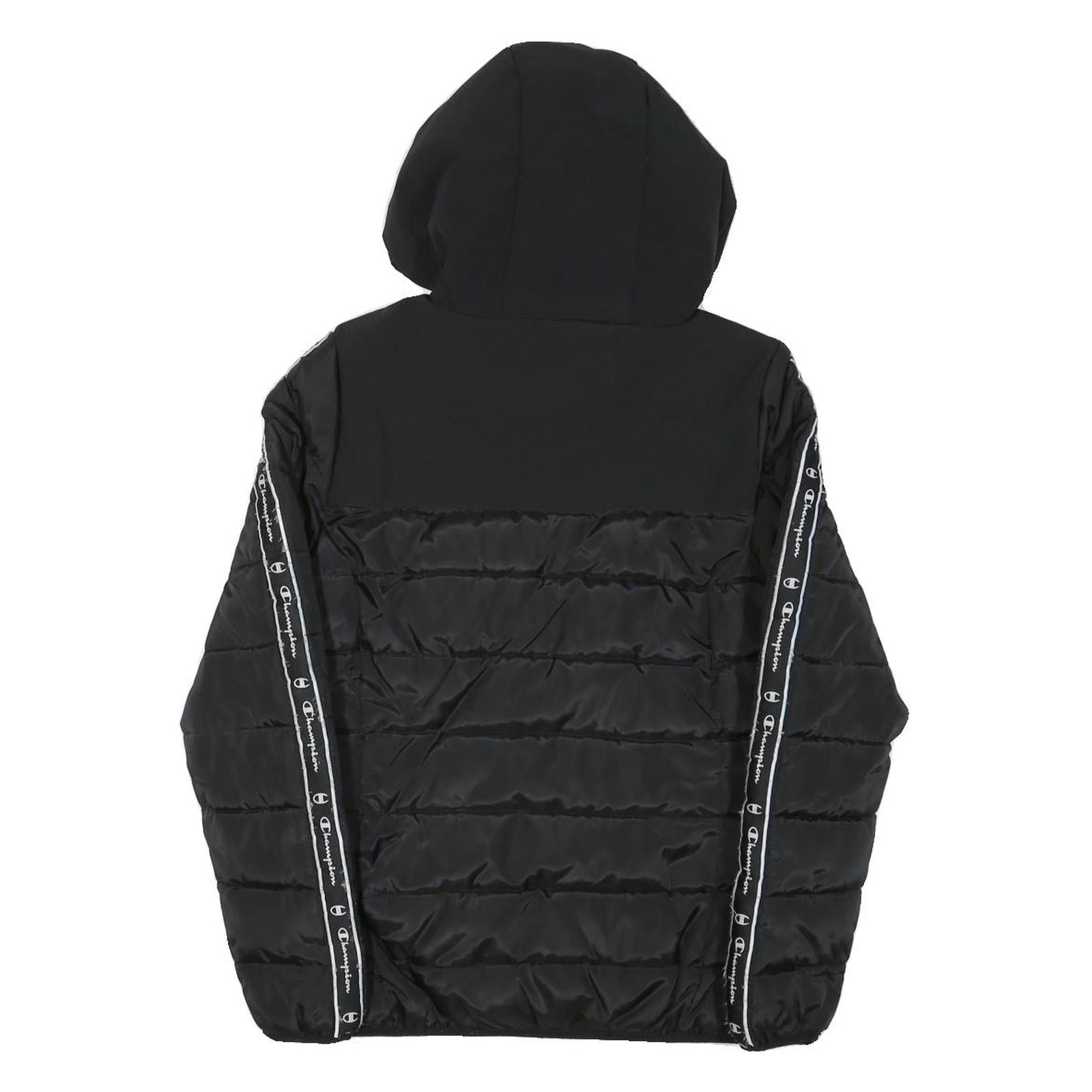 CHAMPION Mens Black Zip Jacket XS Polyester Blend Puffer Logo Tape Hooded