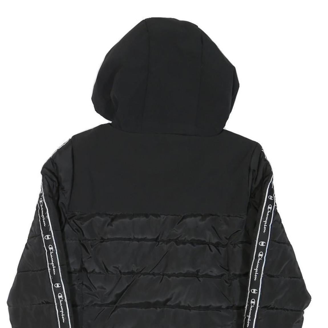 CHAMPION Mens Black Zip Jacket XS Polyester Blend Puffer Logo Tape Hooded