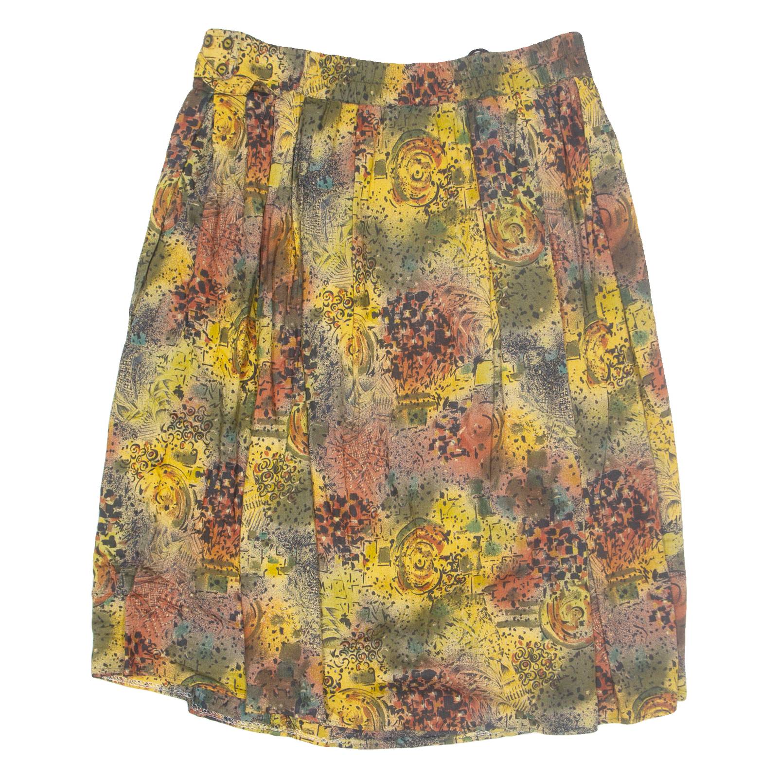 Womens Pleated Skirt Yellow Knee Length Viscose Crazy Pattern L