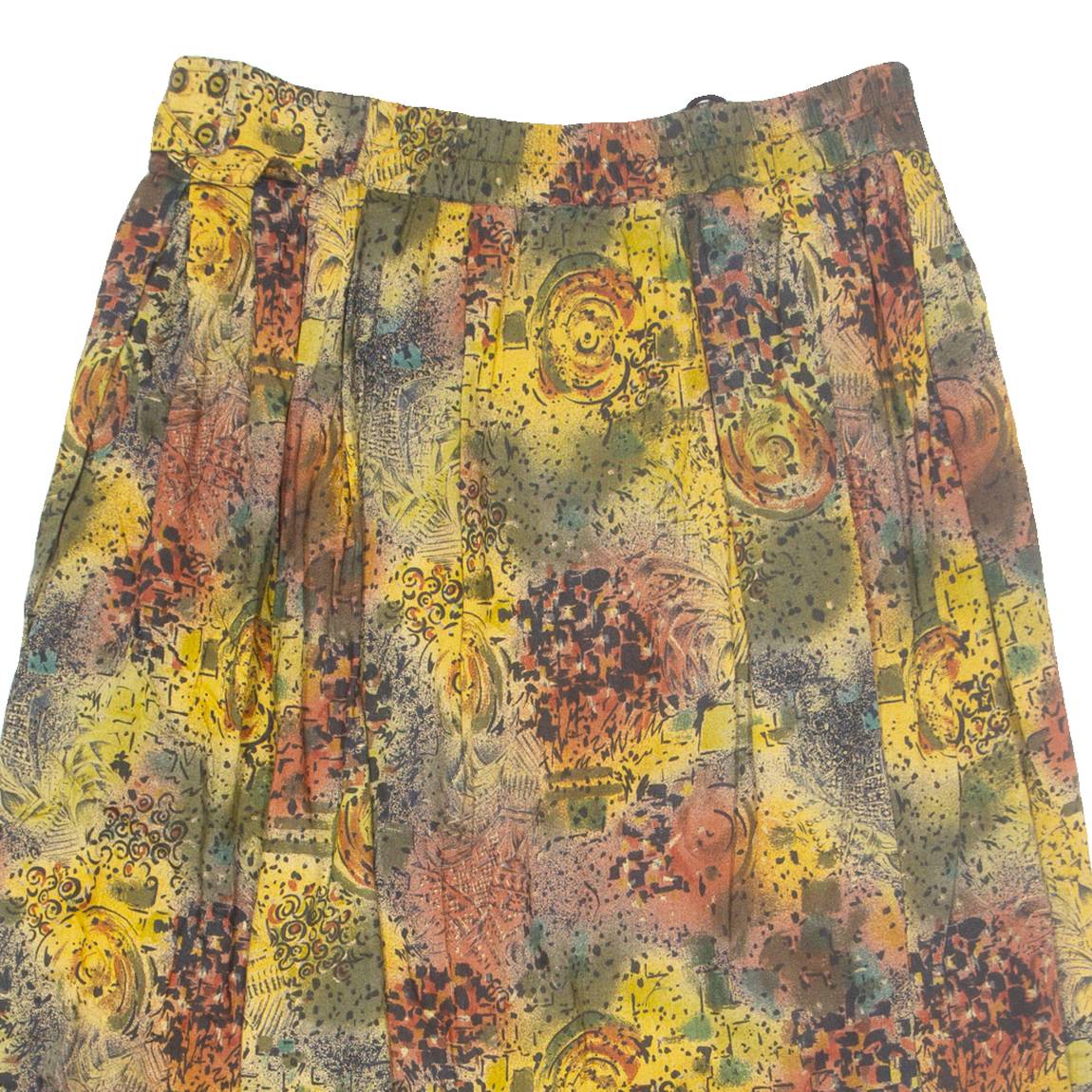 Womens Pleated Skirt Yellow Knee Length Viscose Crazy Pattern L