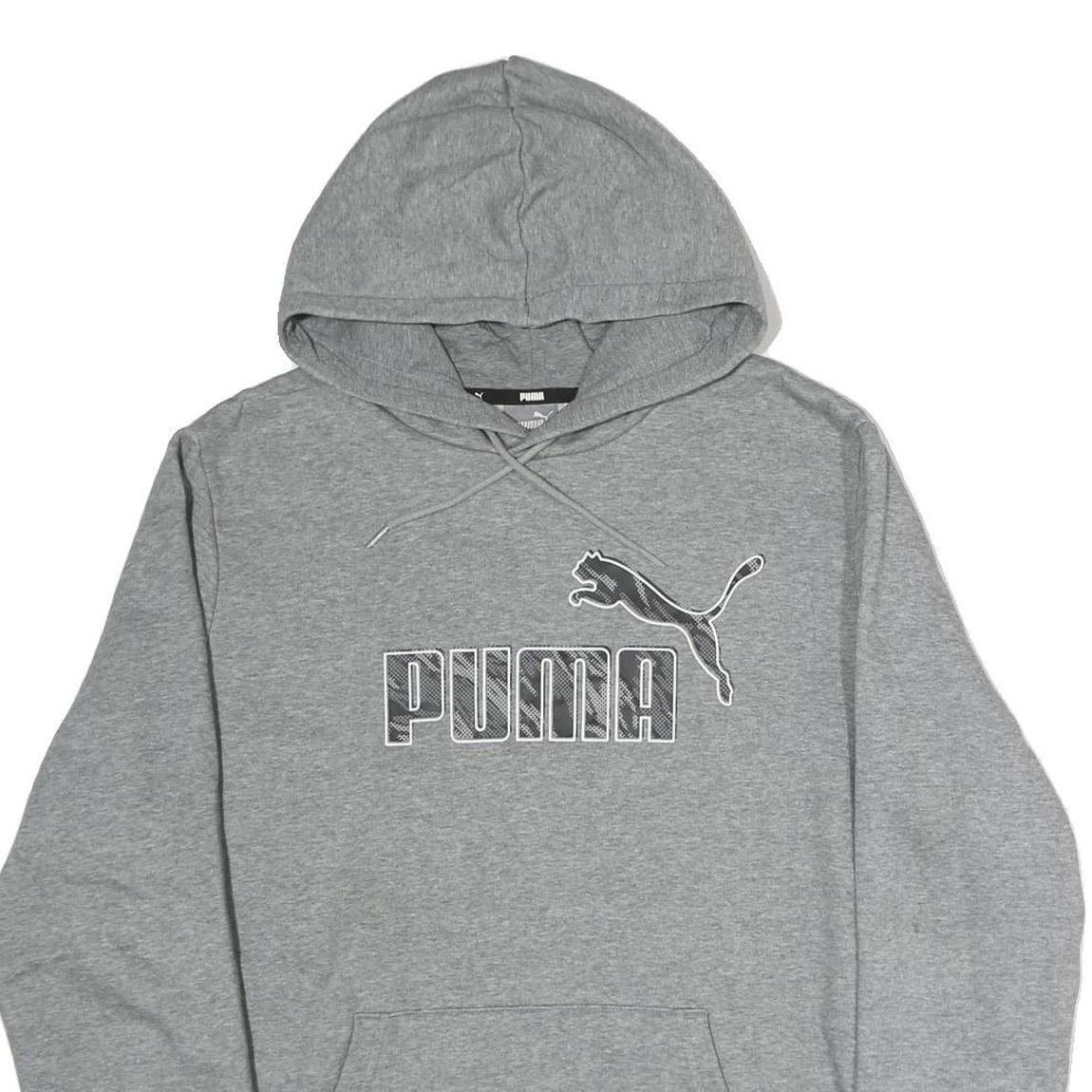 PUMA Mens Grey Hoodie L Cotton Pullover Sweatshirt Logo Front Pocket