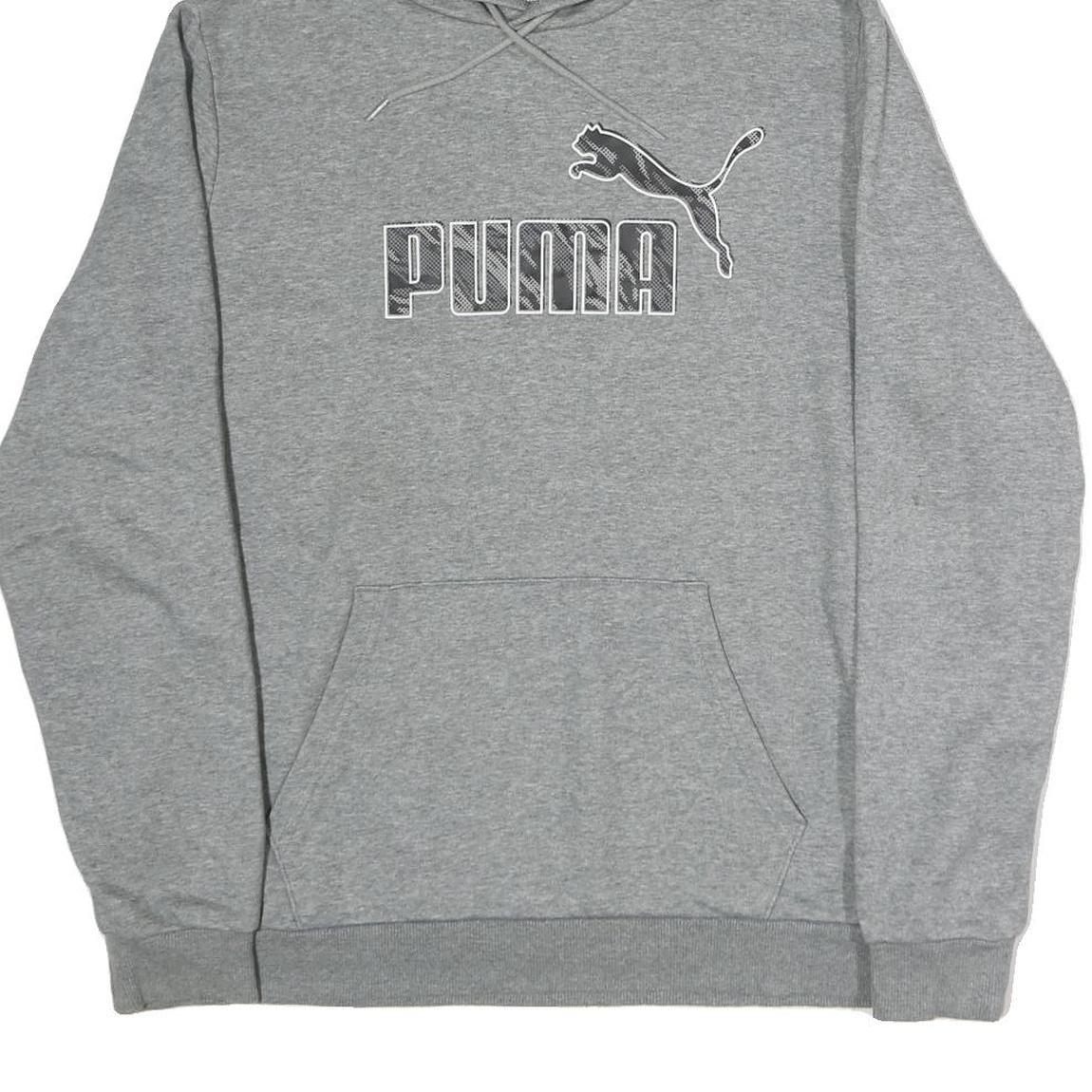 PUMA Mens Grey Hoodie L Cotton Pullover Sweatshirt Logo Front Pocket