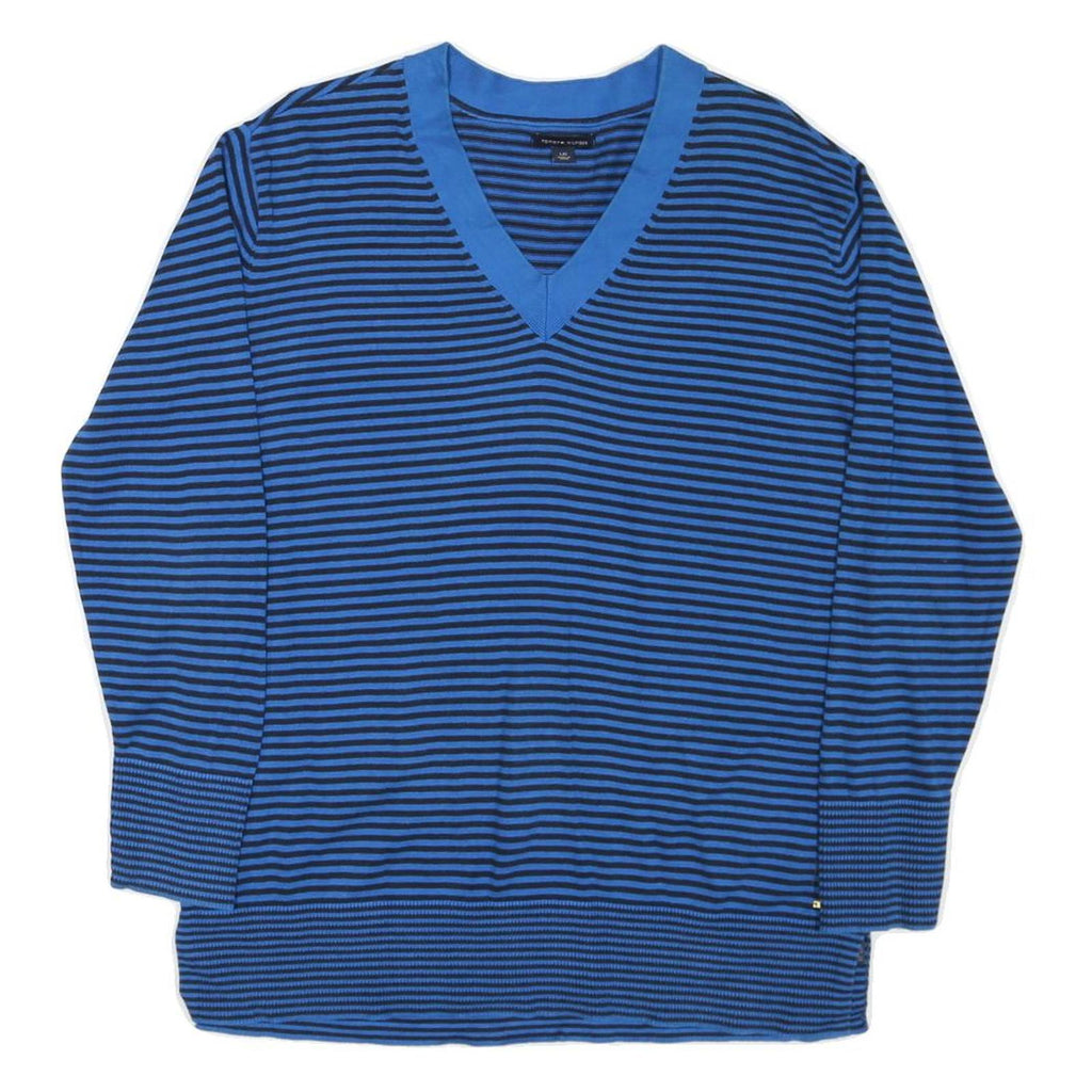 TOMMY HILFIGER Womens Blue & Black Patterned Jumper V-Neck Basic Knit L Cotton