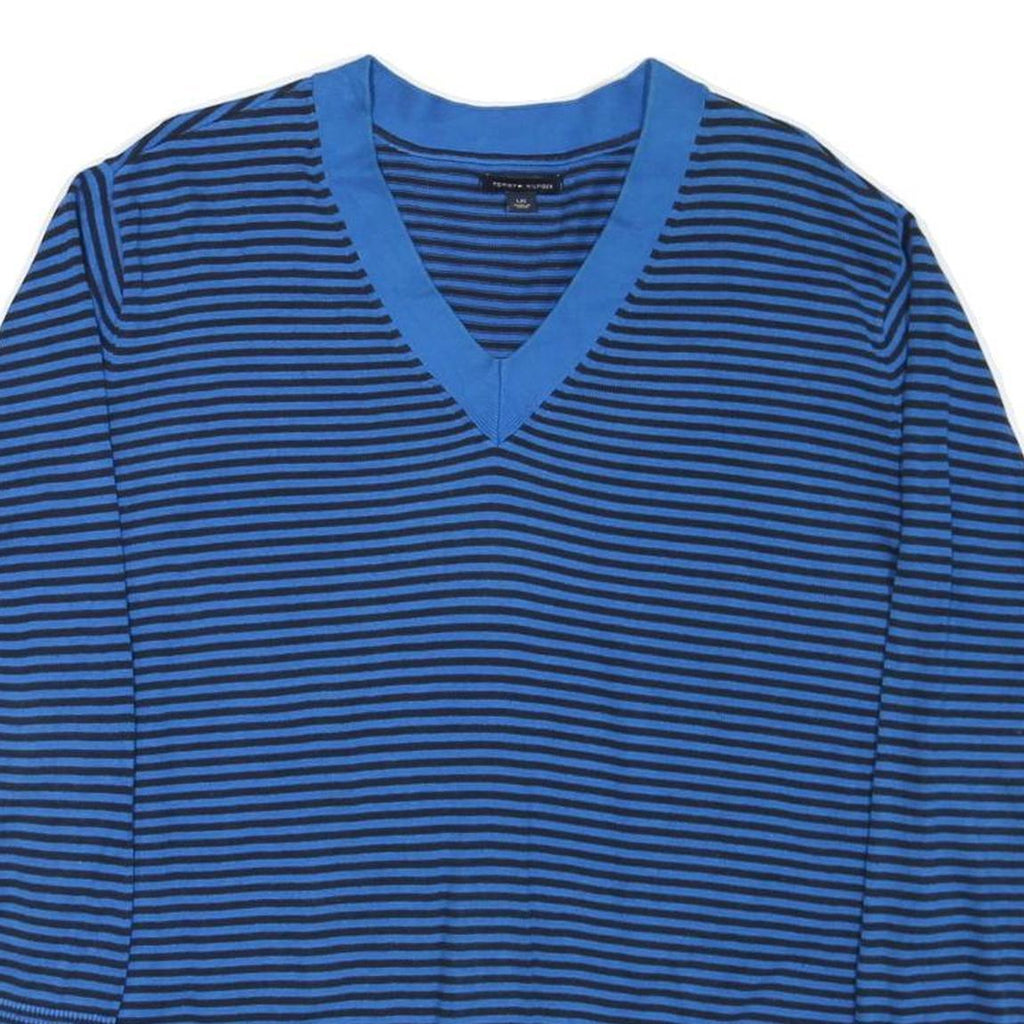 TOMMY HILFIGER Womens Blue & Black Patterned Jumper V-Neck Basic Knit L Cotton
