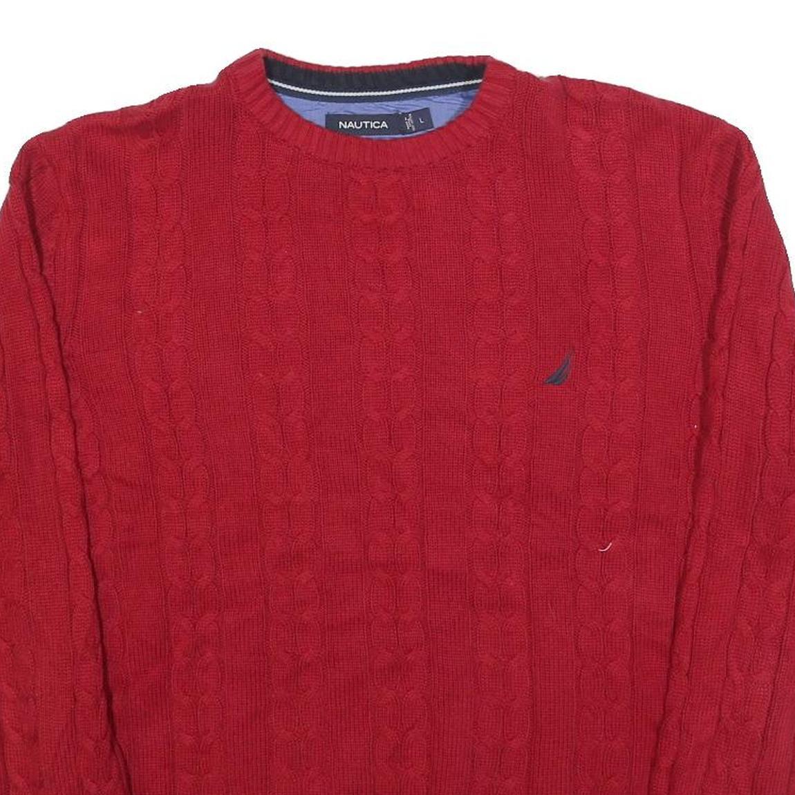 NAUTICA Mens Red Patterned Jumper Crew Neck Cable Knit L Cotton Classic Style