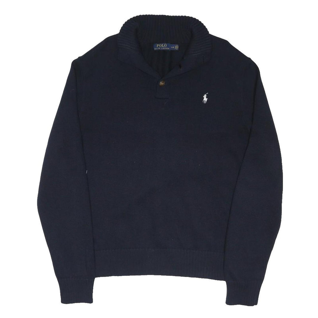 POLO RALPH LAUREN Mens Navy Plain Shawl Collar Jumper Cotton Blend M Classic