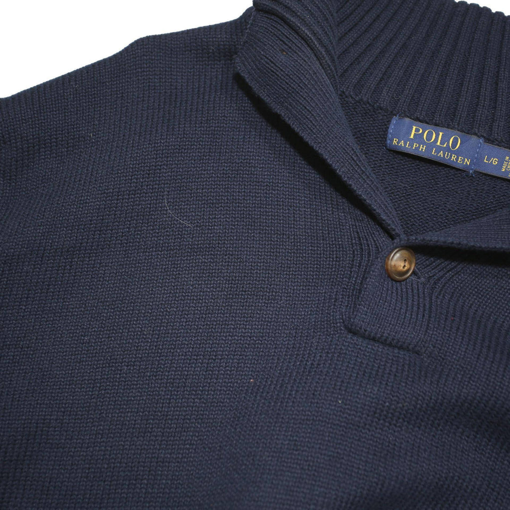 POLO RALPH LAUREN Mens Navy Plain Shawl Collar Jumper Cotton Blend M Classic