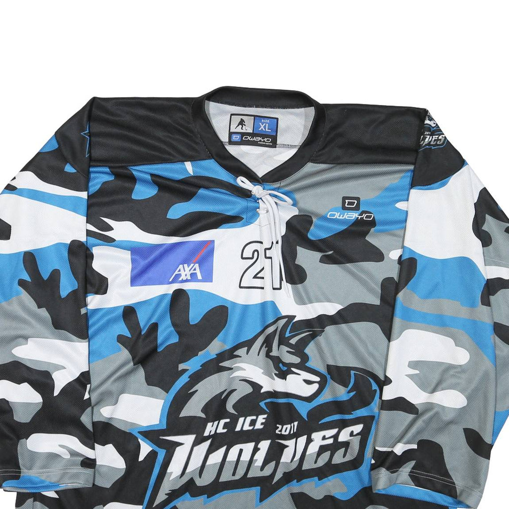 Mens Black Blue Grey Ice Wolves Camouflage Graphic T-Shirt XL Long Sleeve Crew