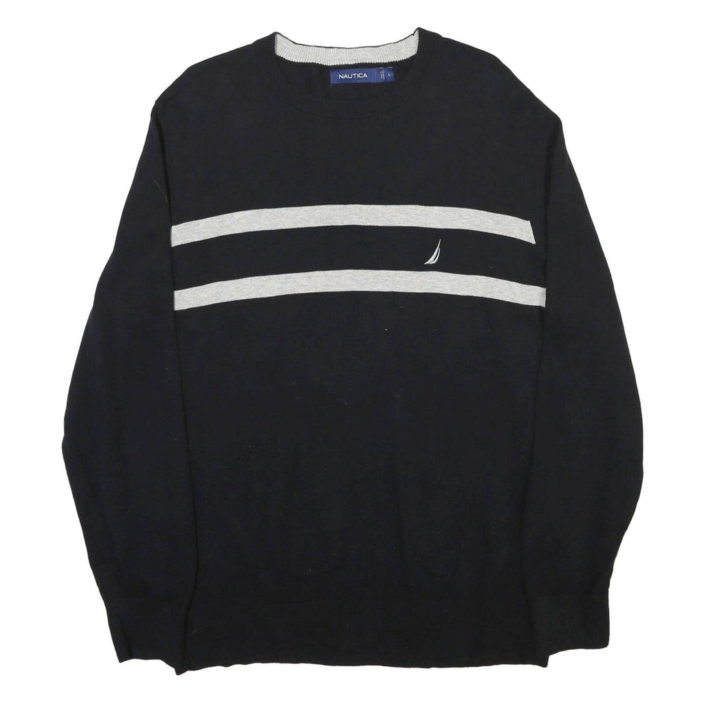 NAUTICA Mens Black & Grey Plain Cotton Crew Neck Jumper L Casual Classic Knit