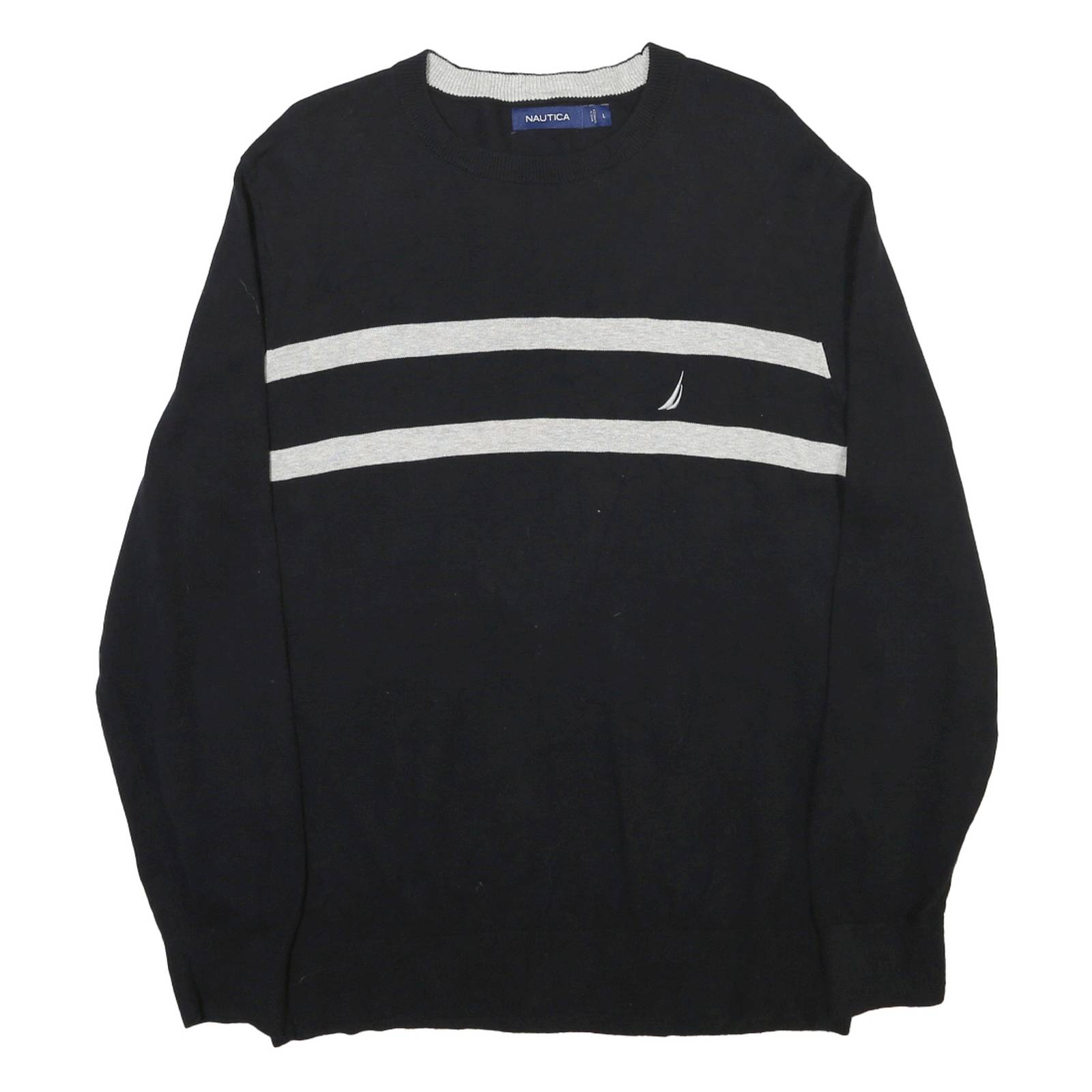 NAUTICA Mens Black & Grey Plain Cotton Crew Neck Jumper L Casual Classic Knit