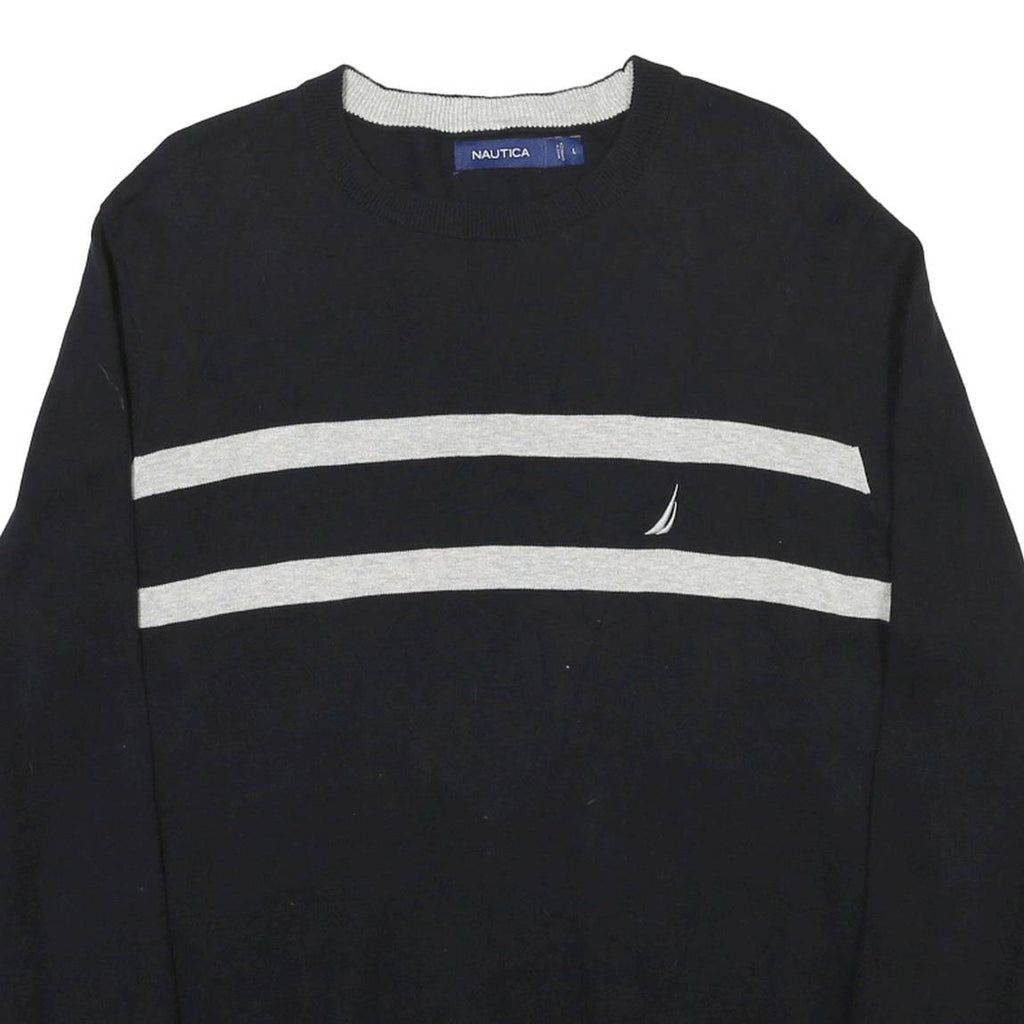 NAUTICA Mens Black & Grey Plain Cotton Crew Neck Jumper L Casual Classic Knit