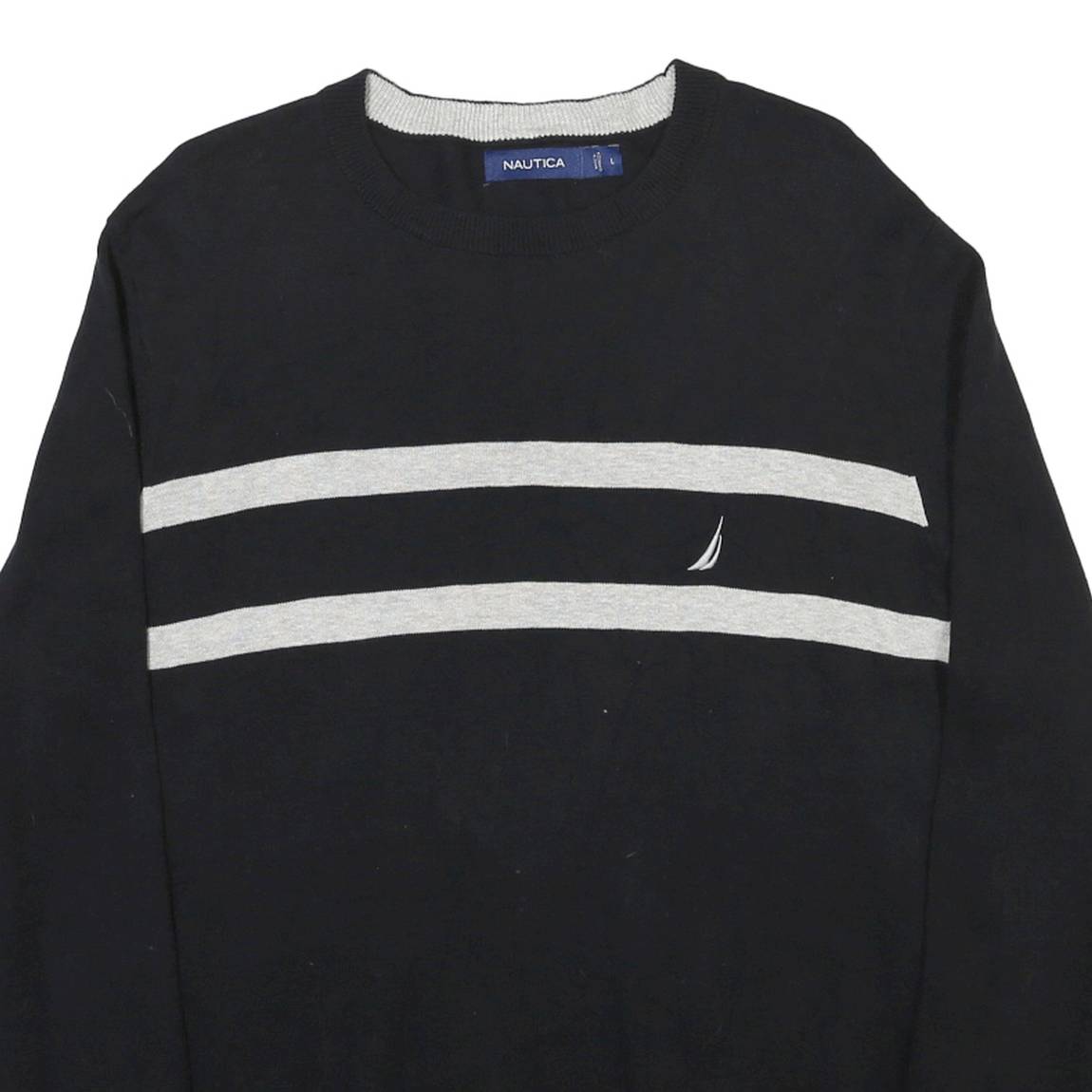 NAUTICA Mens Black & Grey Plain Cotton Crew Neck Jumper L Casual Classic Knit