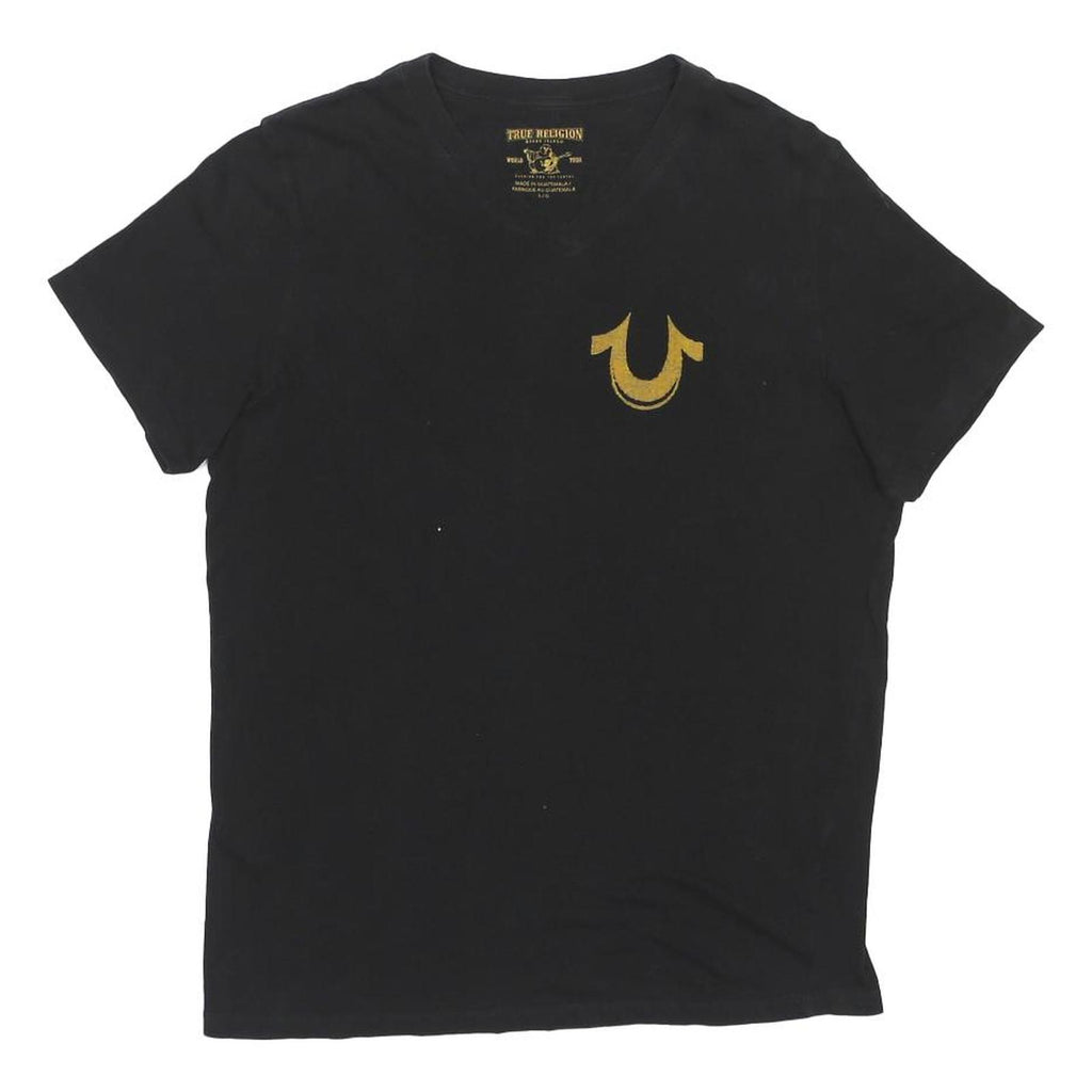 TRUE RELIGION Mens Black Gold Logo Graphic T-Shirt L Short Sleeve V-Neck