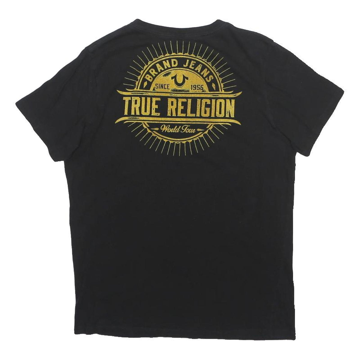 TRUE RELIGION Mens Black Gold Logo Graphic T-Shirt L Short Sleeve V-Neck
