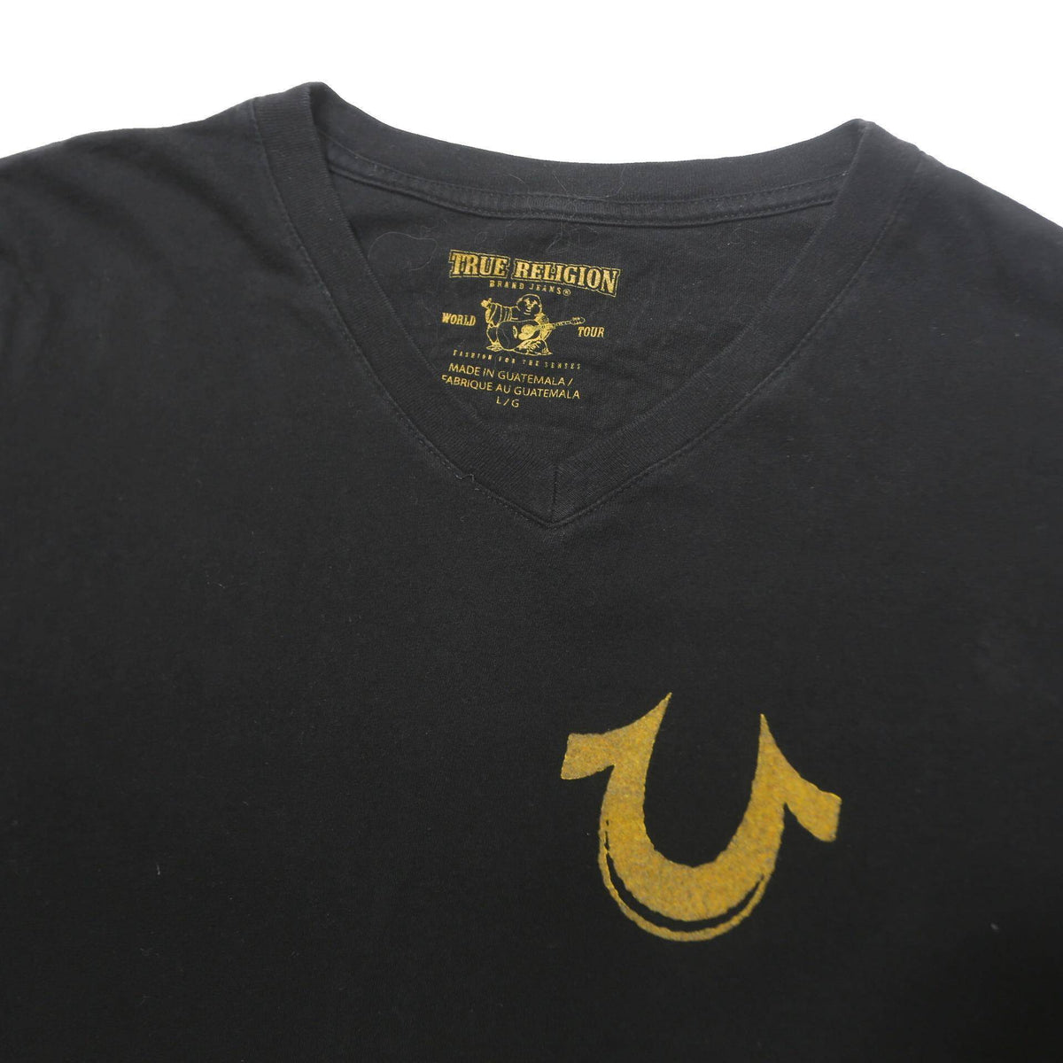 TRUE RELIGION Mens Black Gold Logo Graphic T-Shirt L Short Sleeve V-Neck