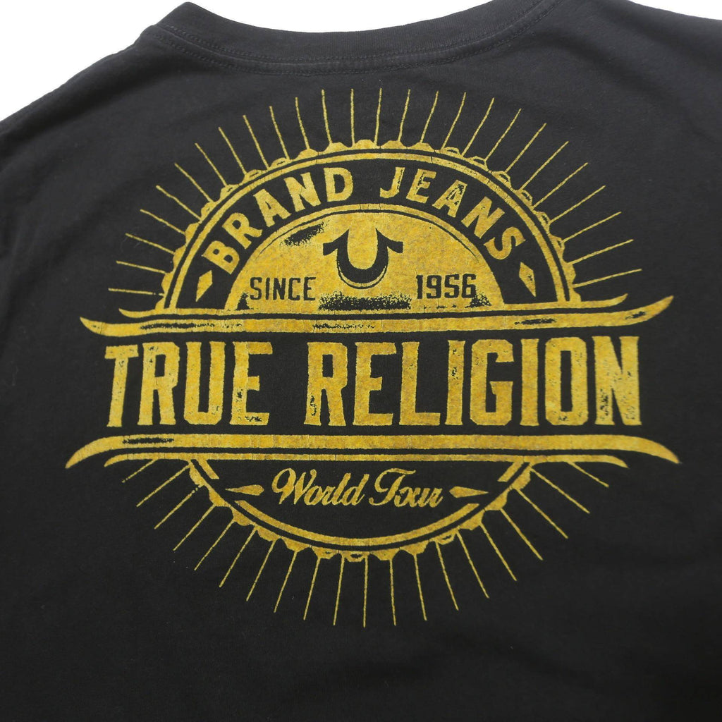 TRUE RELIGION Mens Black Gold Logo Graphic T-Shirt L Short Sleeve V-Neck