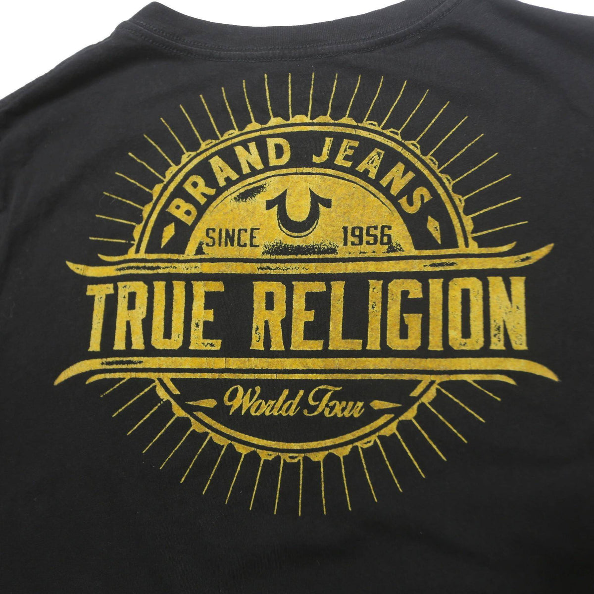 TRUE RELIGION Mens Black Gold Logo Graphic T-Shirt L Short Sleeve V-Neck