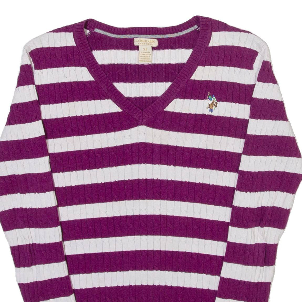 U.S. POLO ASSN. Womens Jumper Purple V-Neck Cable Knit XS