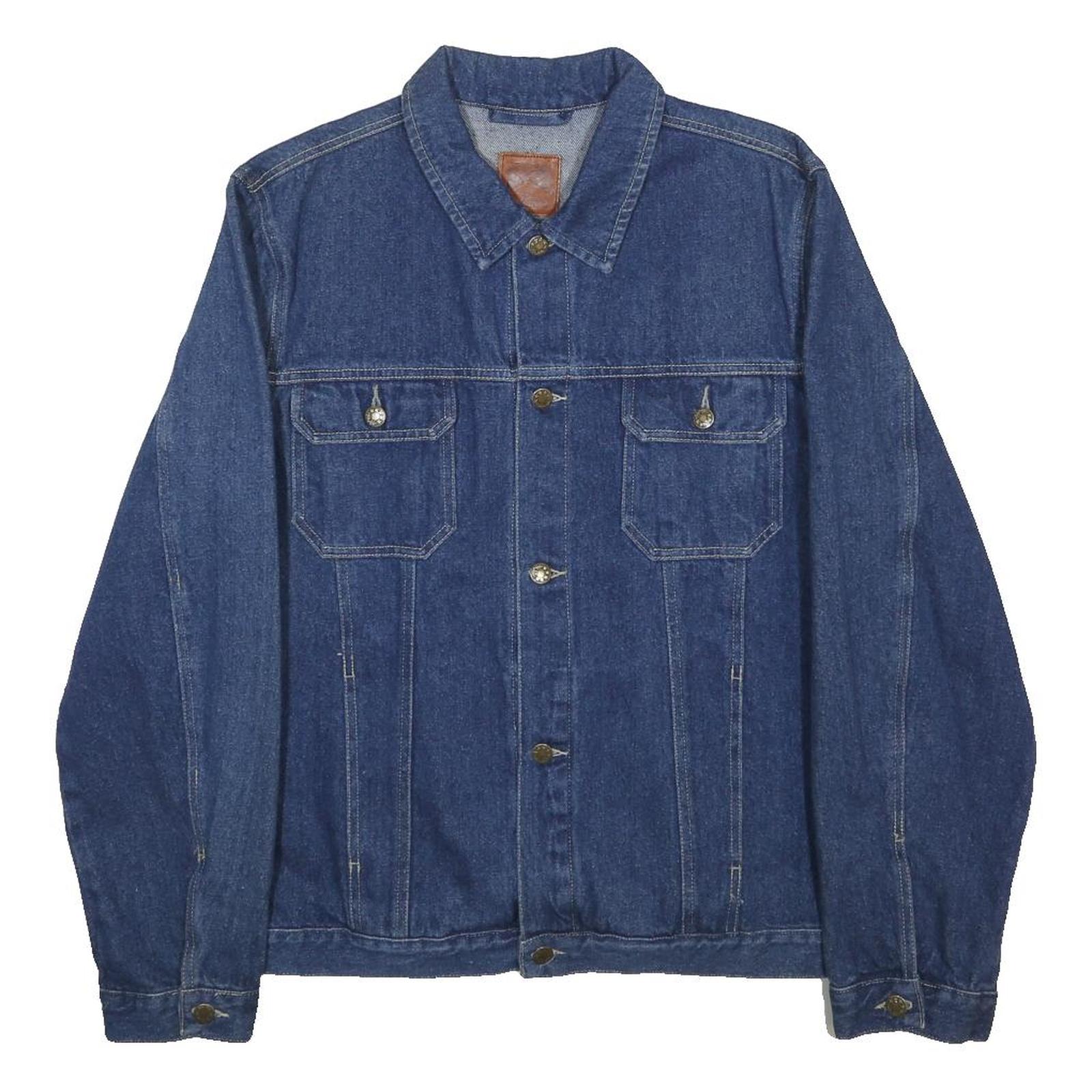 MARLBORO Mens Blue Denim Jacket XL Cotton Classic Fit Button Closure Stand-Up