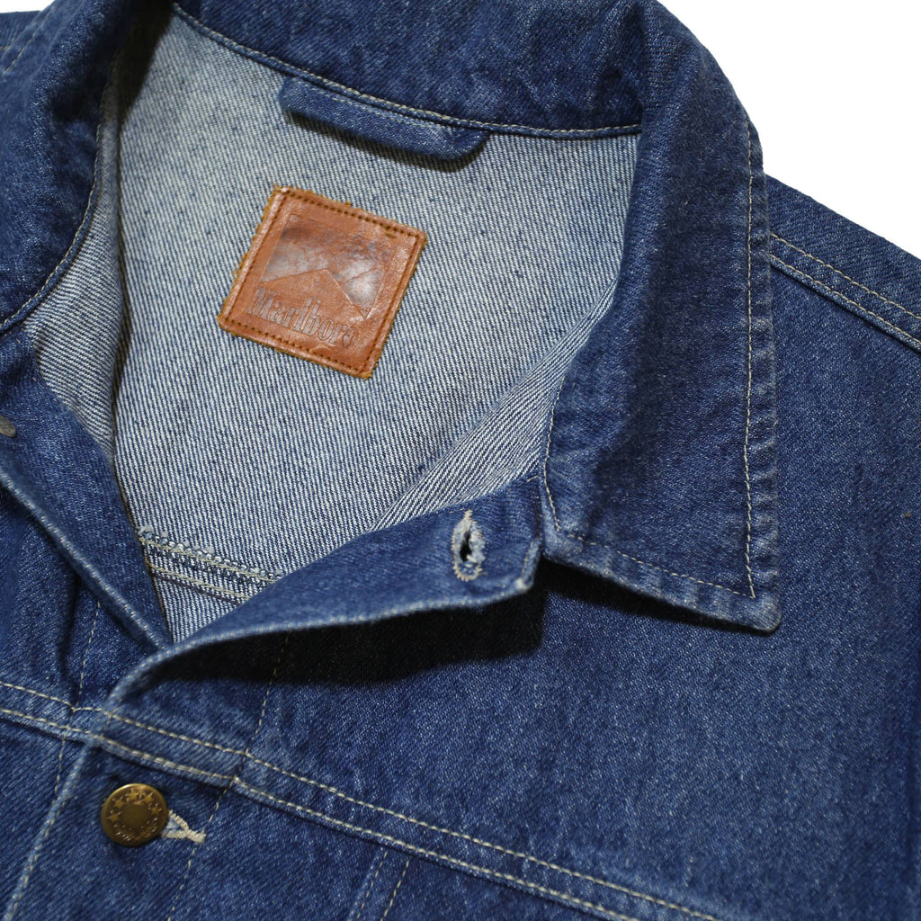 MARLBORO Mens Blue Denim Jacket XL Cotton Classic Fit Button Closure Stand-Up