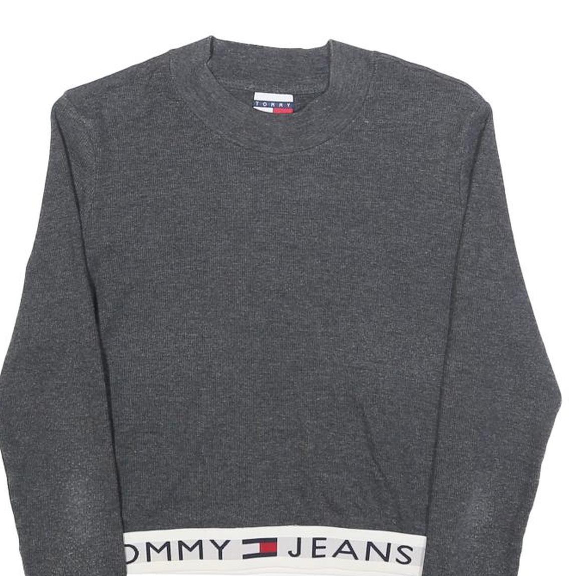 TOMMY JEANS Womens Grey Plain Crew Neck Basic Knit Jumper S Logo Band Bottom