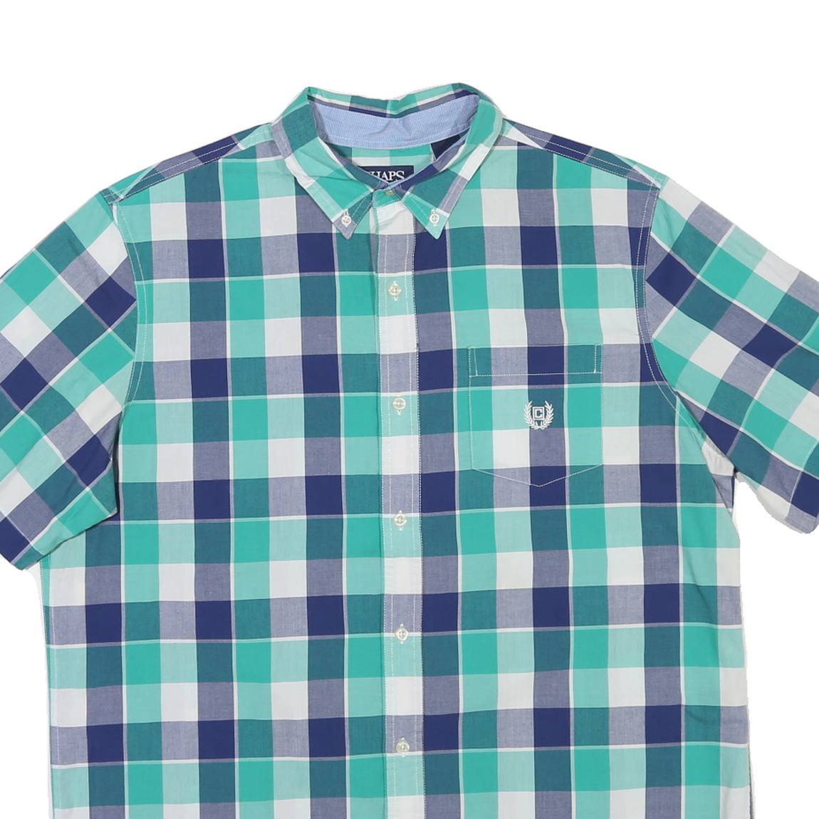 CHAPS Mens Blue & Green Check Shirt L Cotton Blend Button-Down Collar Short