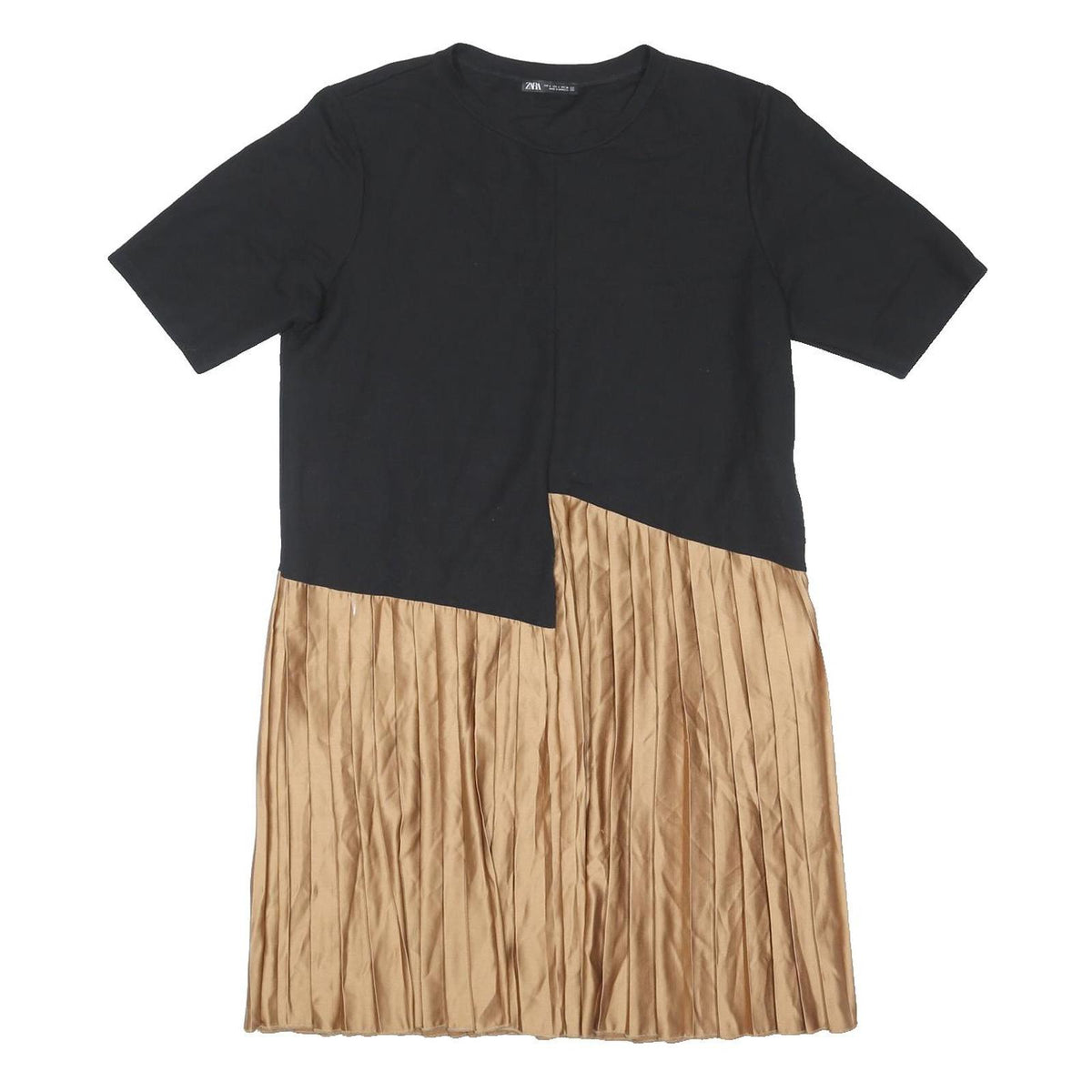 ZARA Womens Black & Beige Colourblock Day Cotton Blend Pleated Midi Dress L