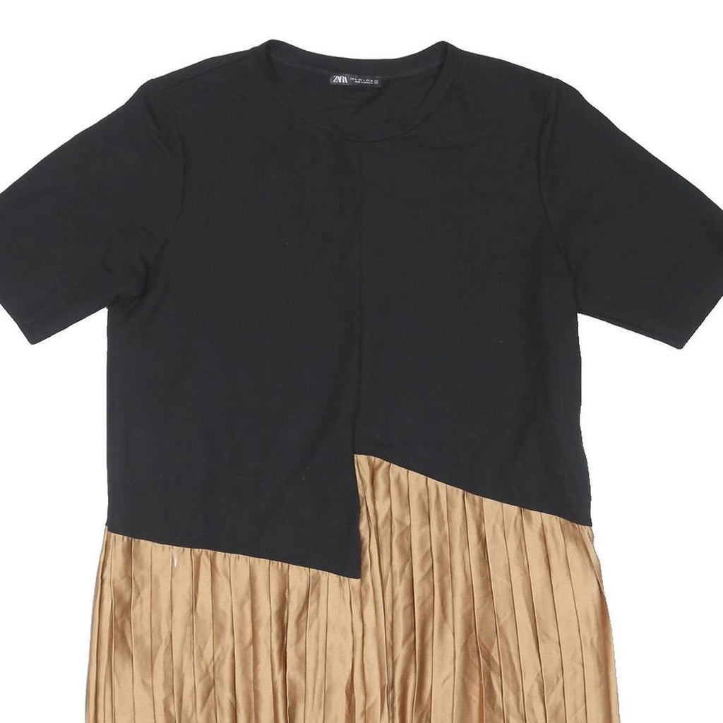 ZARA Womens Black & Beige Colourblock Day Cotton Blend Pleated Midi Dress L