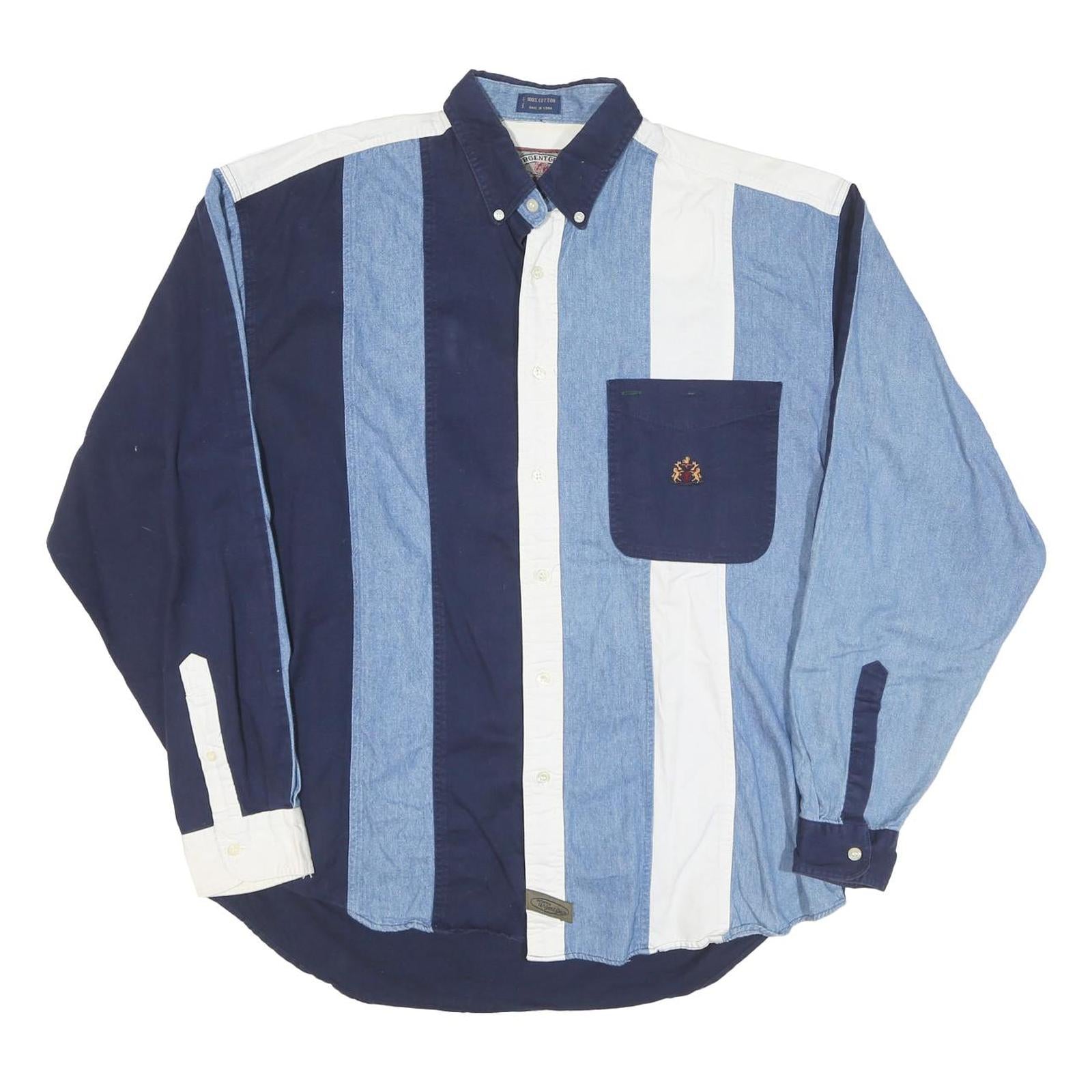 URGENT GEAR Mens Blue & White Striped Shirt M Button-Down Collar Casual Cotton