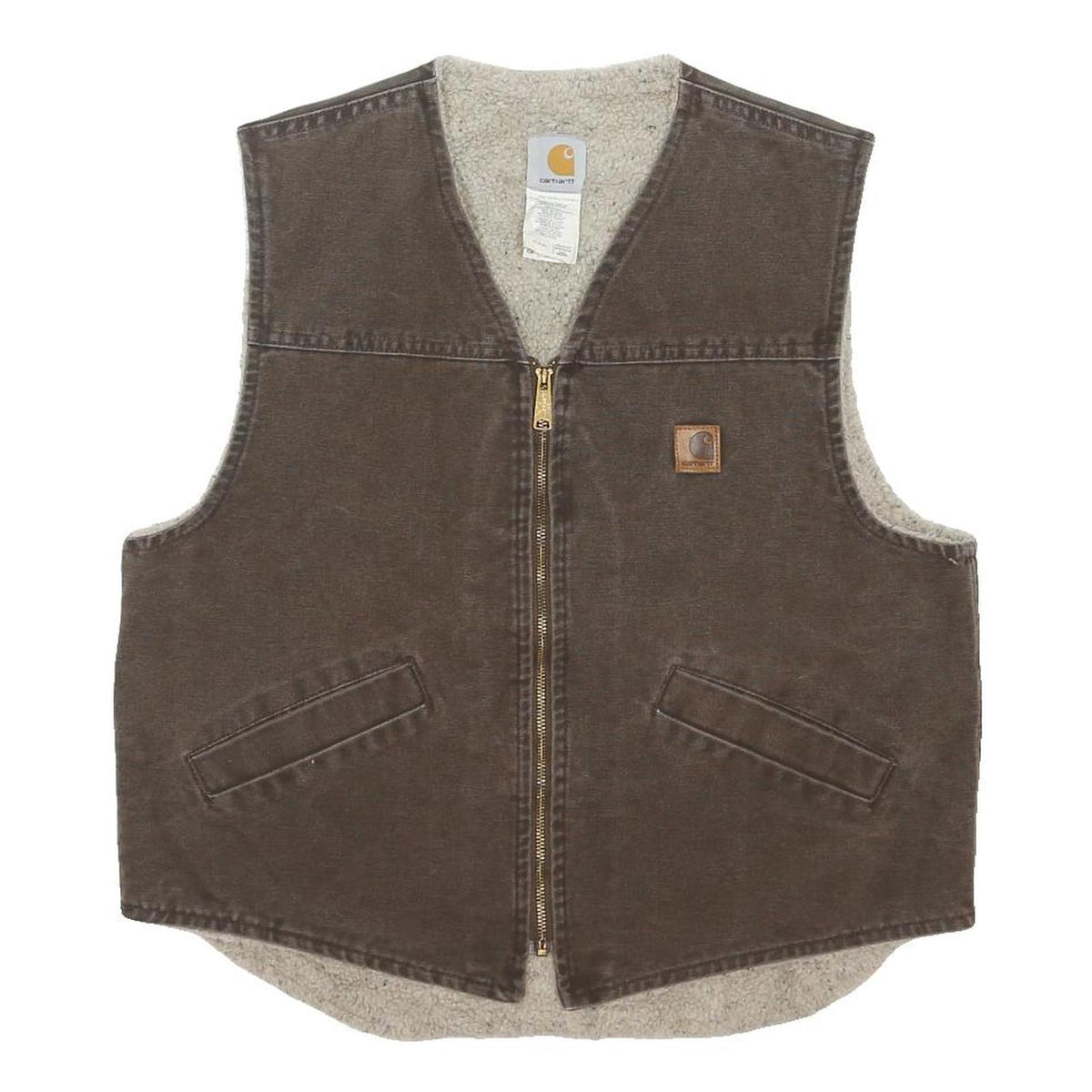 CARHARTT Mens Brown Cotton Blend Zip Vest L Sherpa Lined Workwear Casual