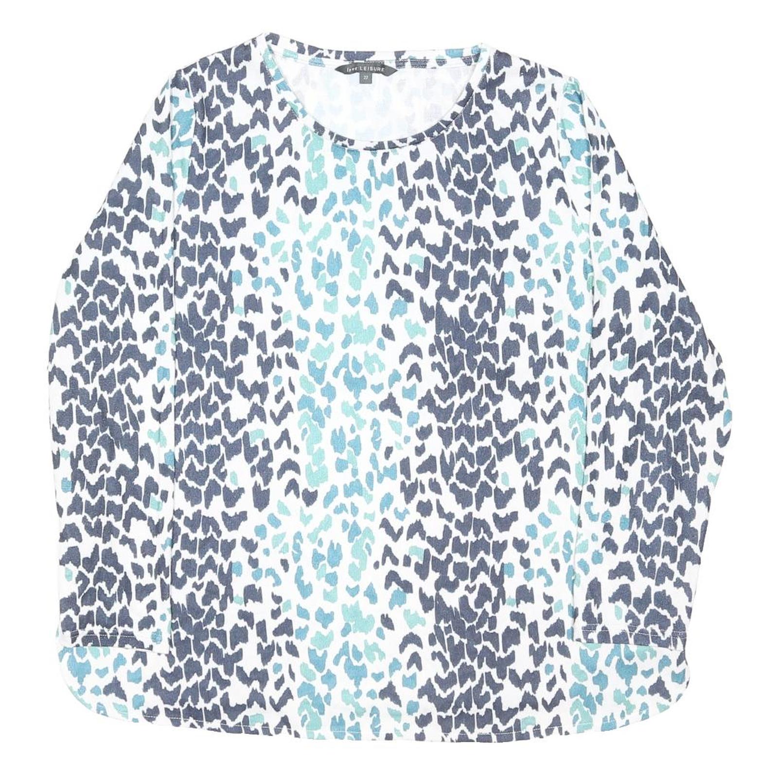 LOVE LEISURE Womens Blue & White Printed Cotton Blend Top Long Sleeve Round Neck