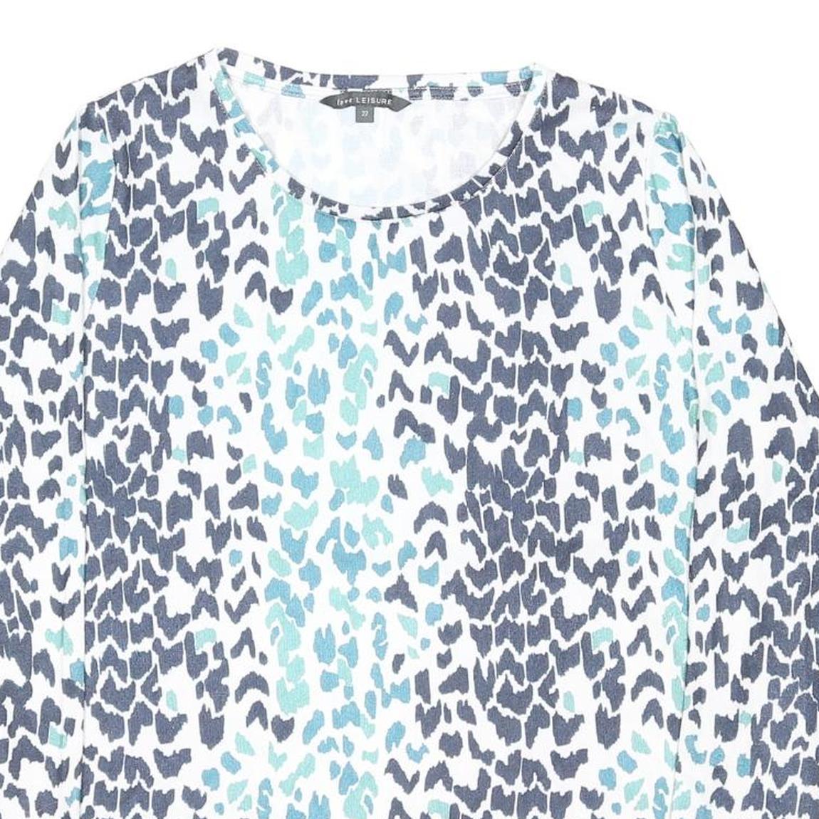 LOVE LEISURE Womens Blue & White Printed Cotton Blend Top Long Sleeve Round Neck