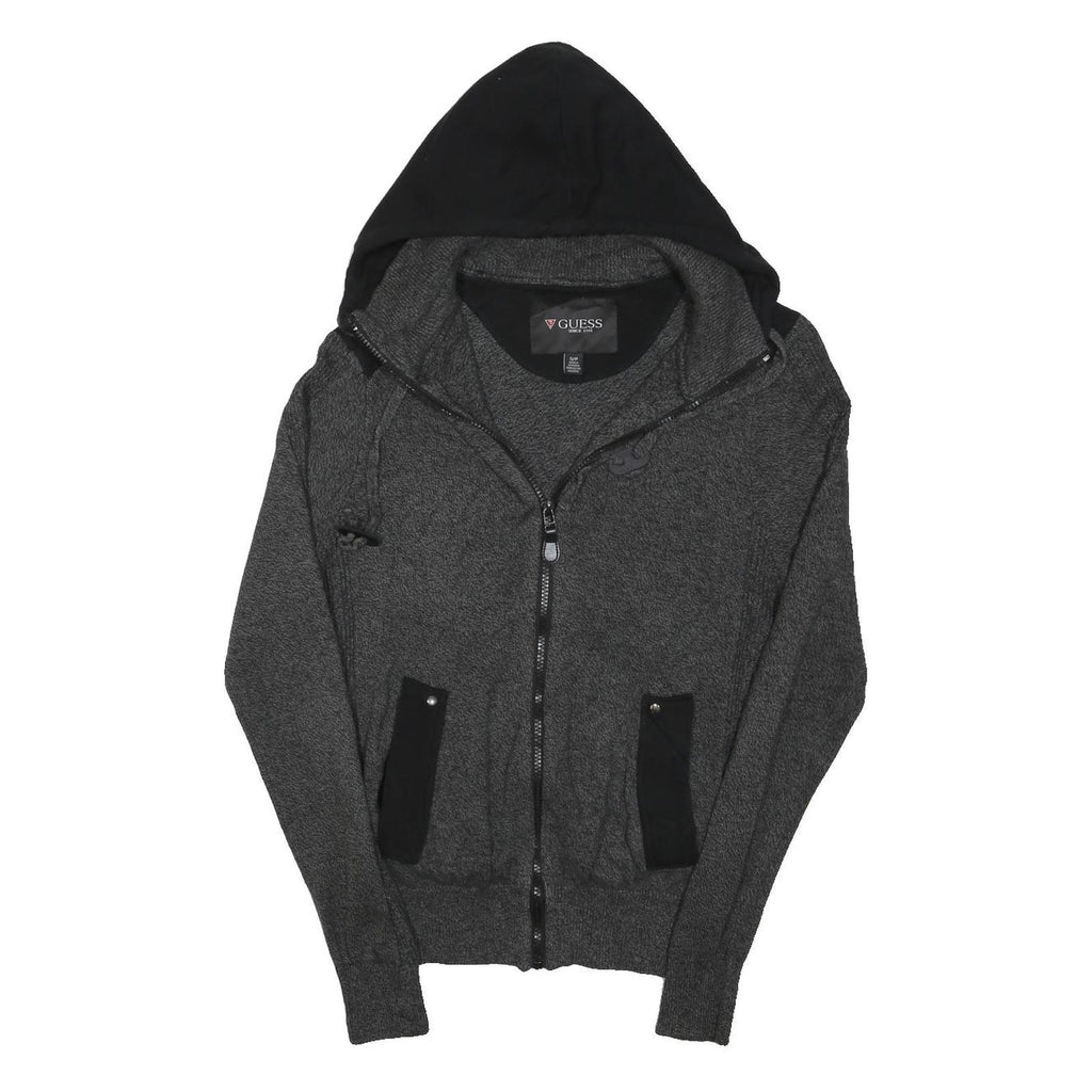 GUESS Mens Grey Black Hooded Patterned Cotton Jumper S Zip Up