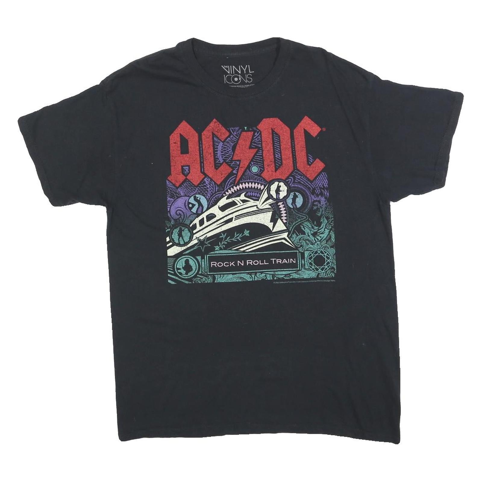 THE VINYL ICONS Mens Black AC/DC Rock N Roll Train Graphic T-Shirt M Crew Neck