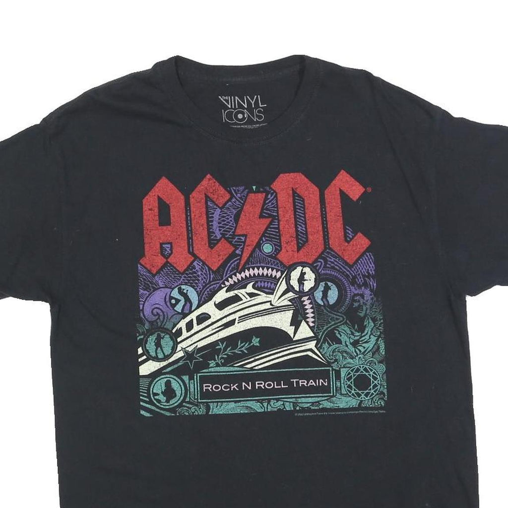 THE VINYL ICONS Mens Black AC/DC Rock N Roll Train Graphic T-Shirt M Crew Neck