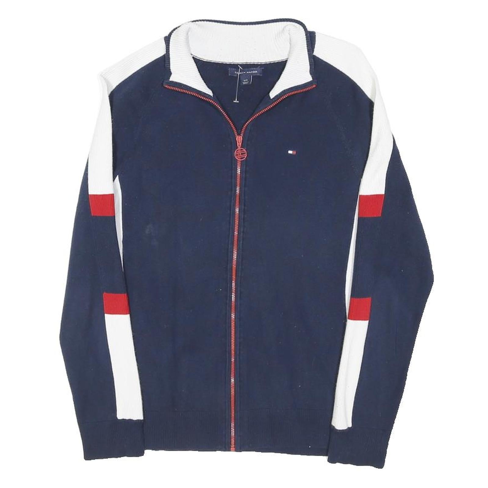 TOMMY HILFIGER Womens Navy Blue White & Red Colourblock Pattern Zip-Up Fashion