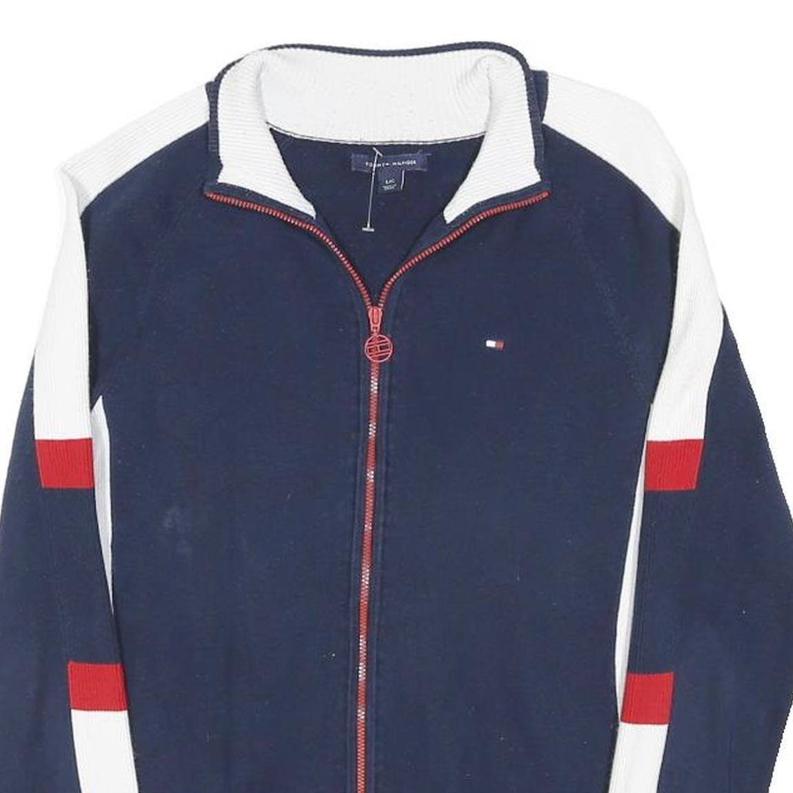 TOMMY HILFIGER Womens Navy Blue White & Red Colourblock Pattern Zip-Up Fashion