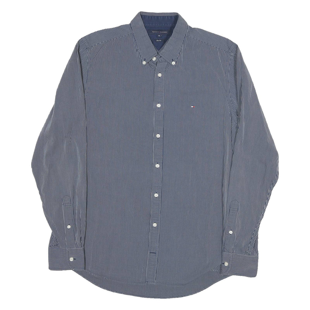TOMMY HILFIGER Mens Blue & White Striped Shirt XL Button-Down Slim Fit Cotton
