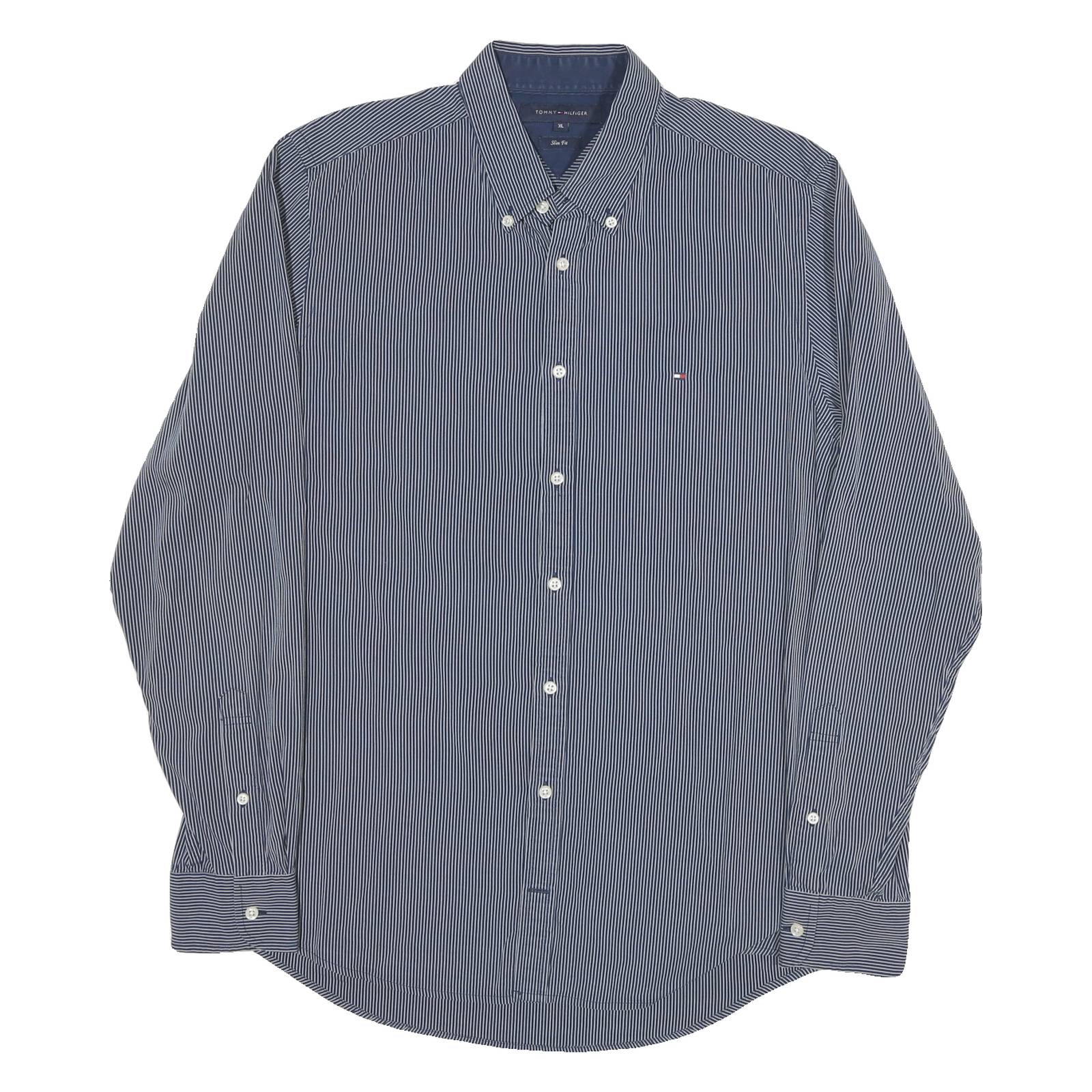 TOMMY HILFIGER Mens Blue & White Striped Shirt XL Button-Down Slim Fit Cotton