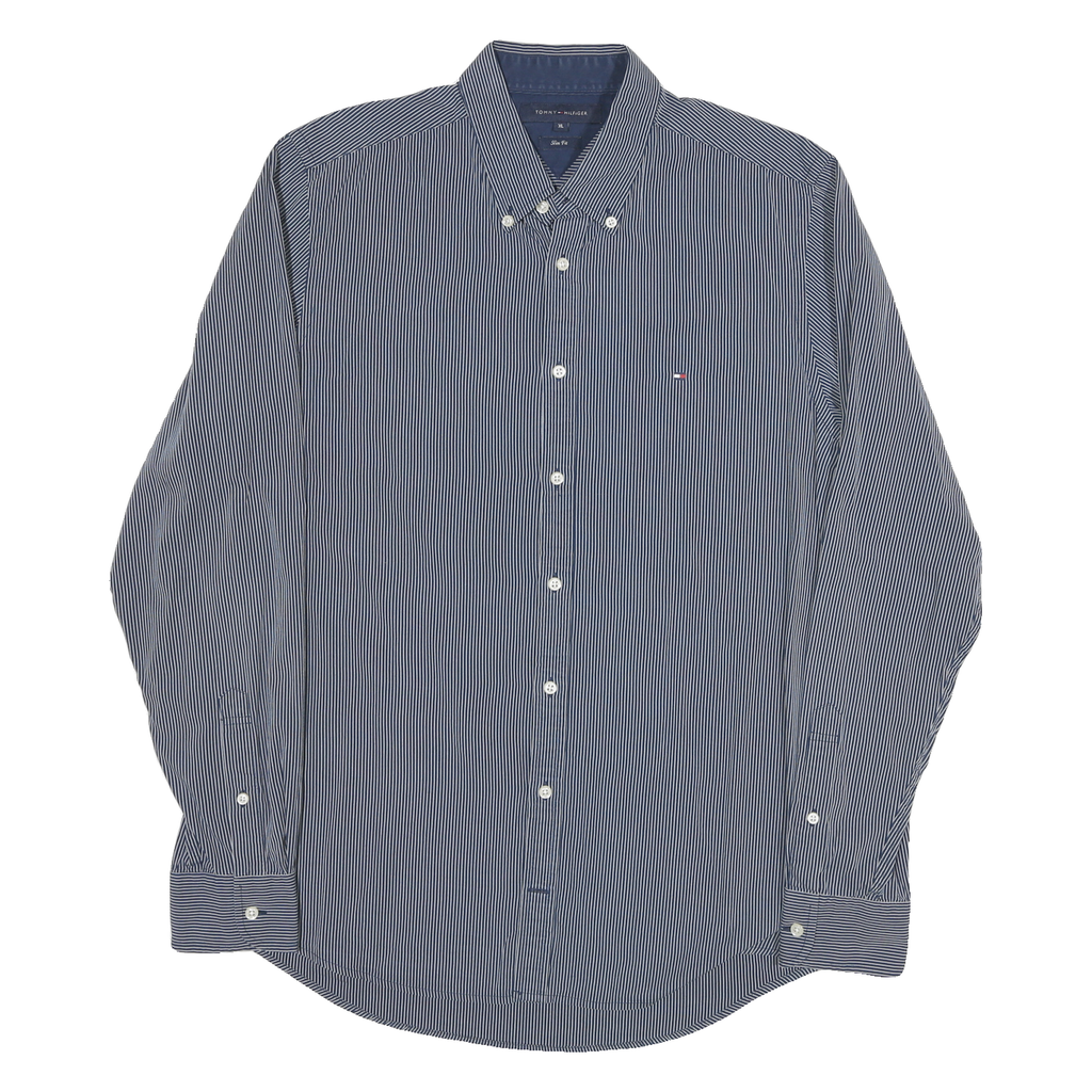 TOMMY HILFIGER Mens Blue & White Striped Shirt XL Button-Down Slim Fit Cotton