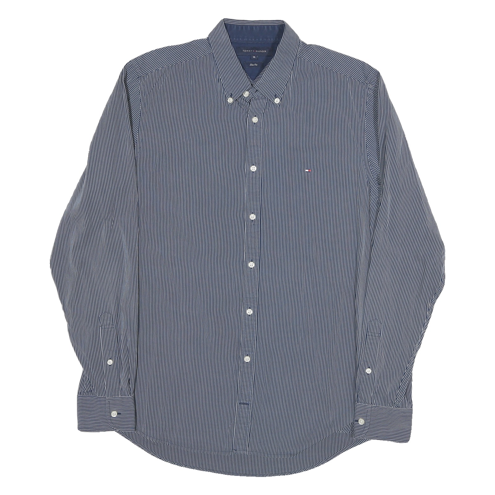 TOMMY HILFIGER Mens Blue & White Striped Shirt XL Button-Down Slim Fit Cotton