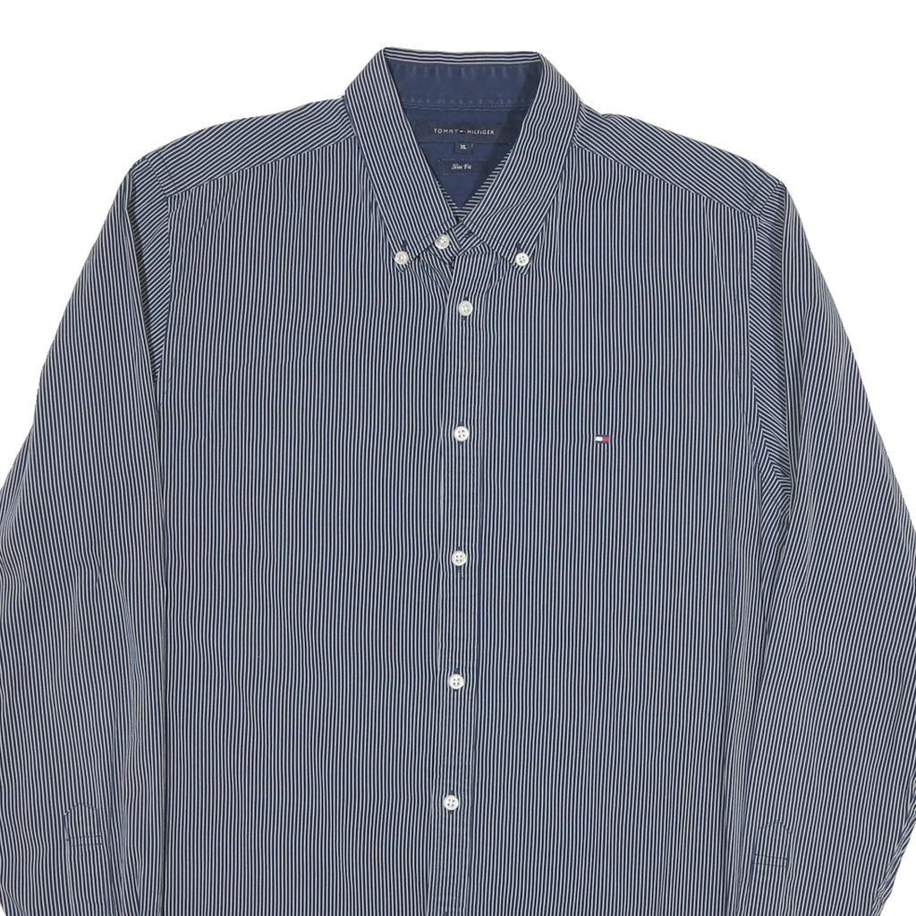 TOMMY HILFIGER Mens Blue & White Striped Shirt XL Button-Down Slim Fit Cotton
