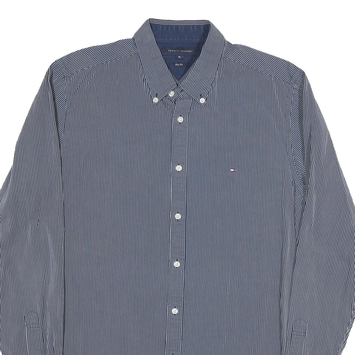 TOMMY HILFIGER Mens Blue & White Striped Shirt XL Button-Down Slim Fit Cotton