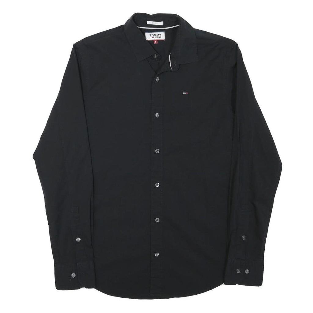 TOMMY HILFIGER Mens Black Plain Shirt S Cotton Blend Classic Smart Casual