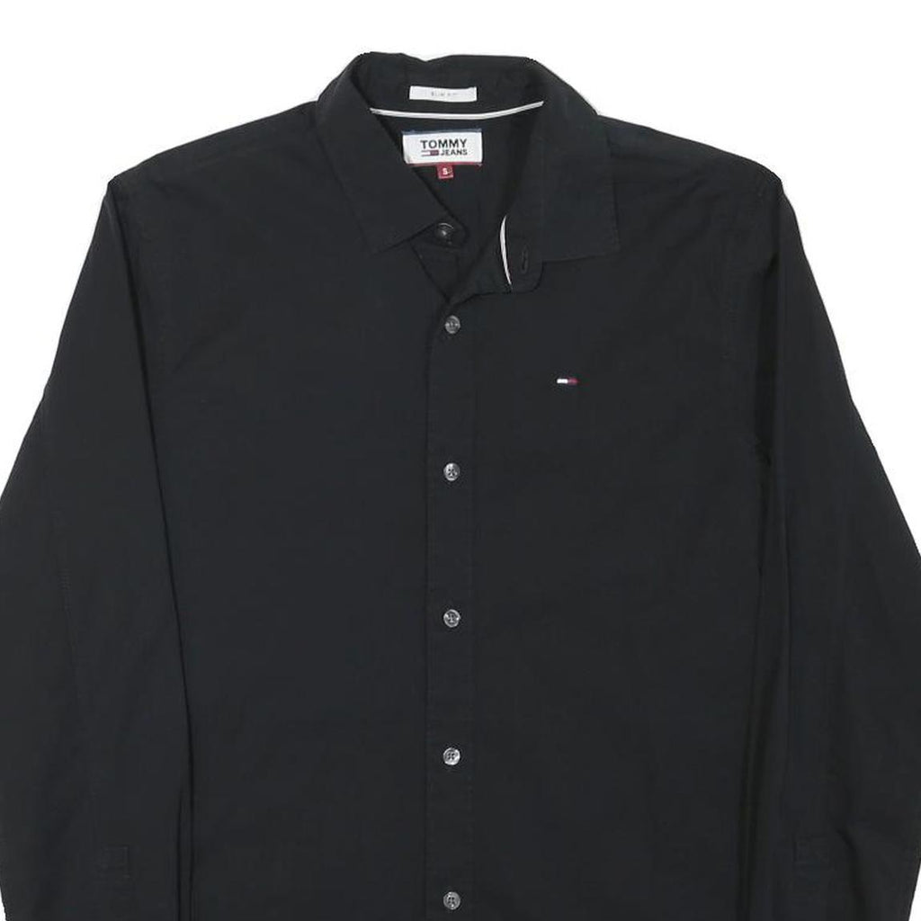 TOMMY HILFIGER Mens Black Plain Shirt S Cotton Blend Classic Smart Casual