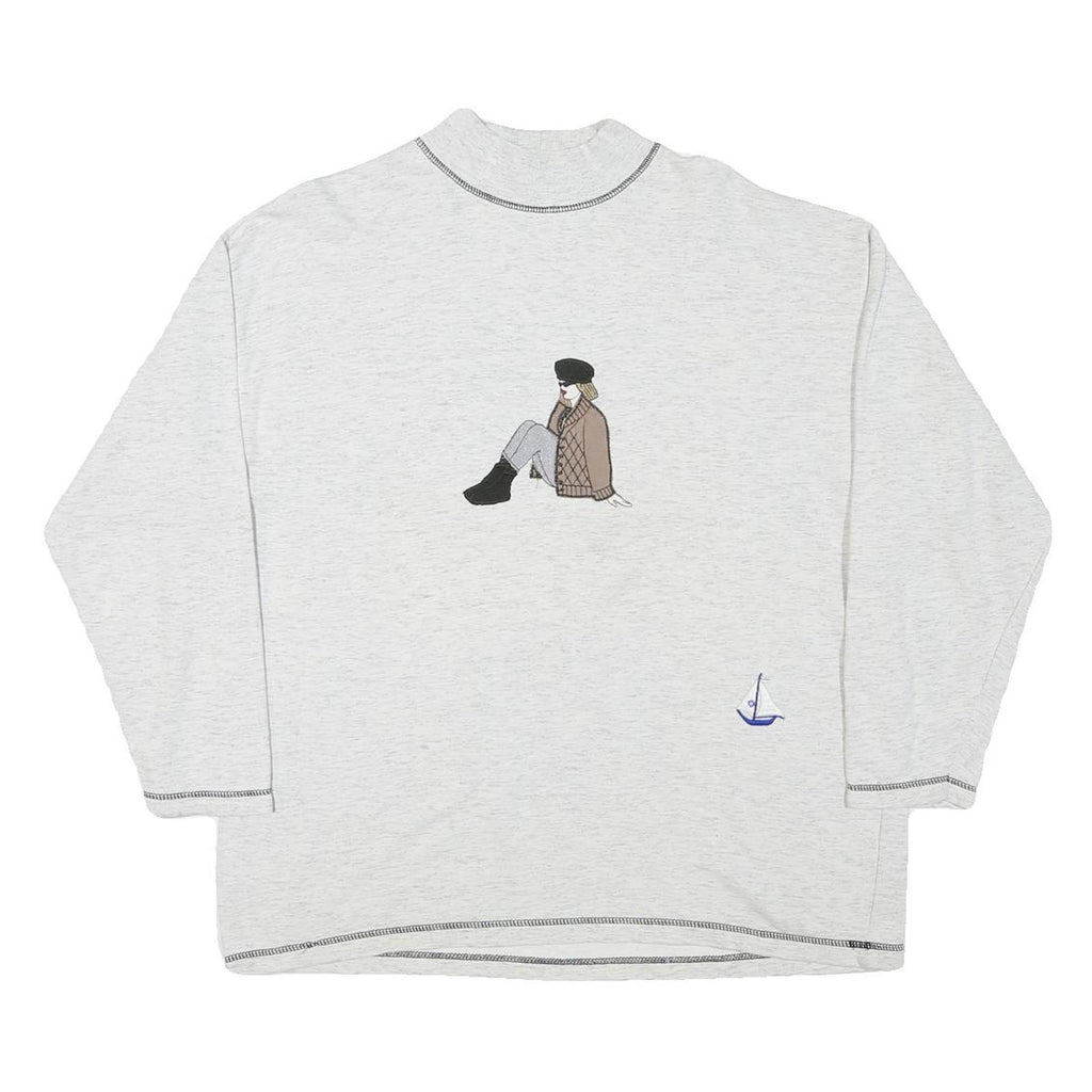 Womens White Sweatshirt Mock Neck L Printed Graphic Cotton Blend Casual