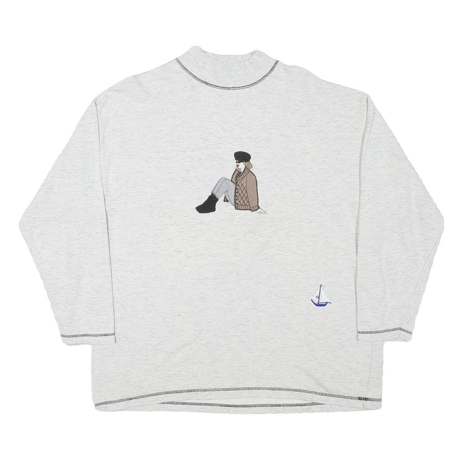 Womens White Sweatshirt Mock Neck L Printed Graphic Cotton Blend Casual