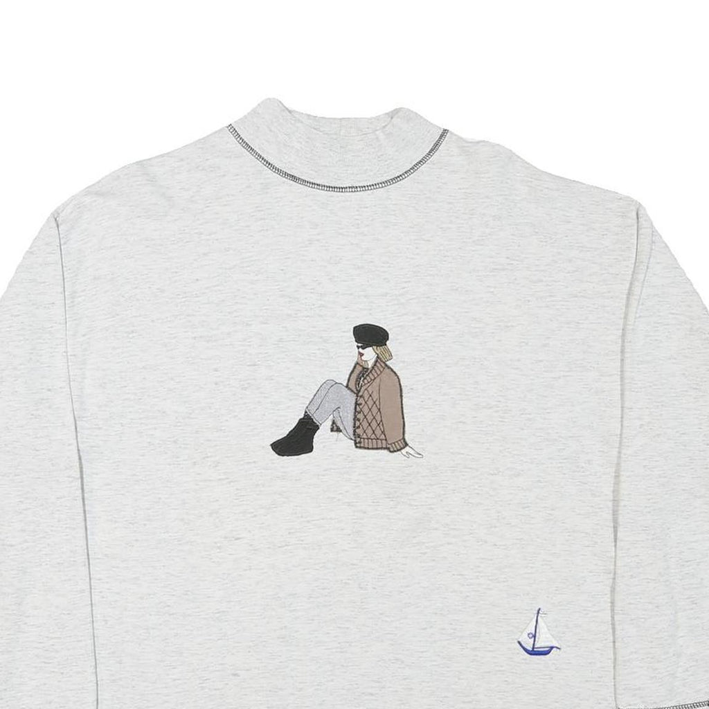 Womens White Sweatshirt Mock Neck L Printed Graphic Cotton Blend Casual