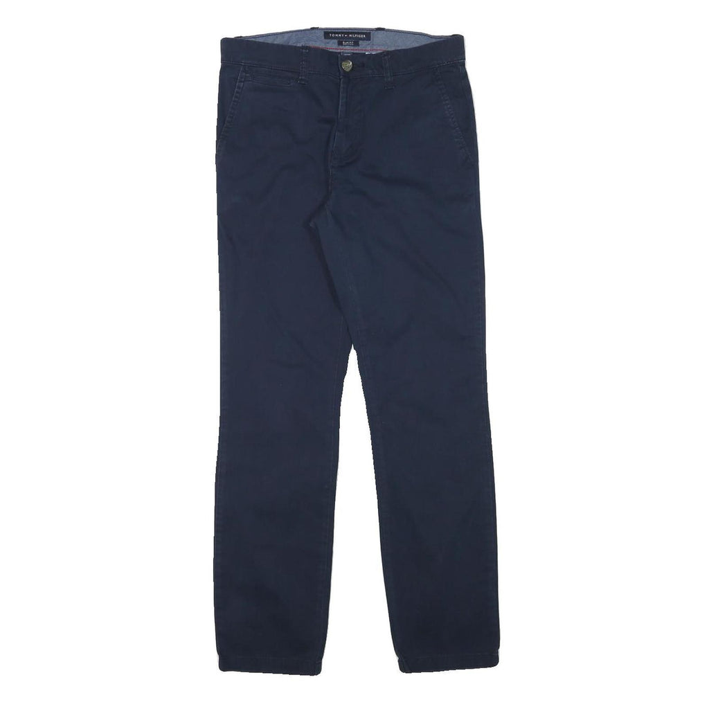TOMMY HILFIGER Mens Cotton Blend Navy Slim Straight Trousers W29 L30 Casual Zip